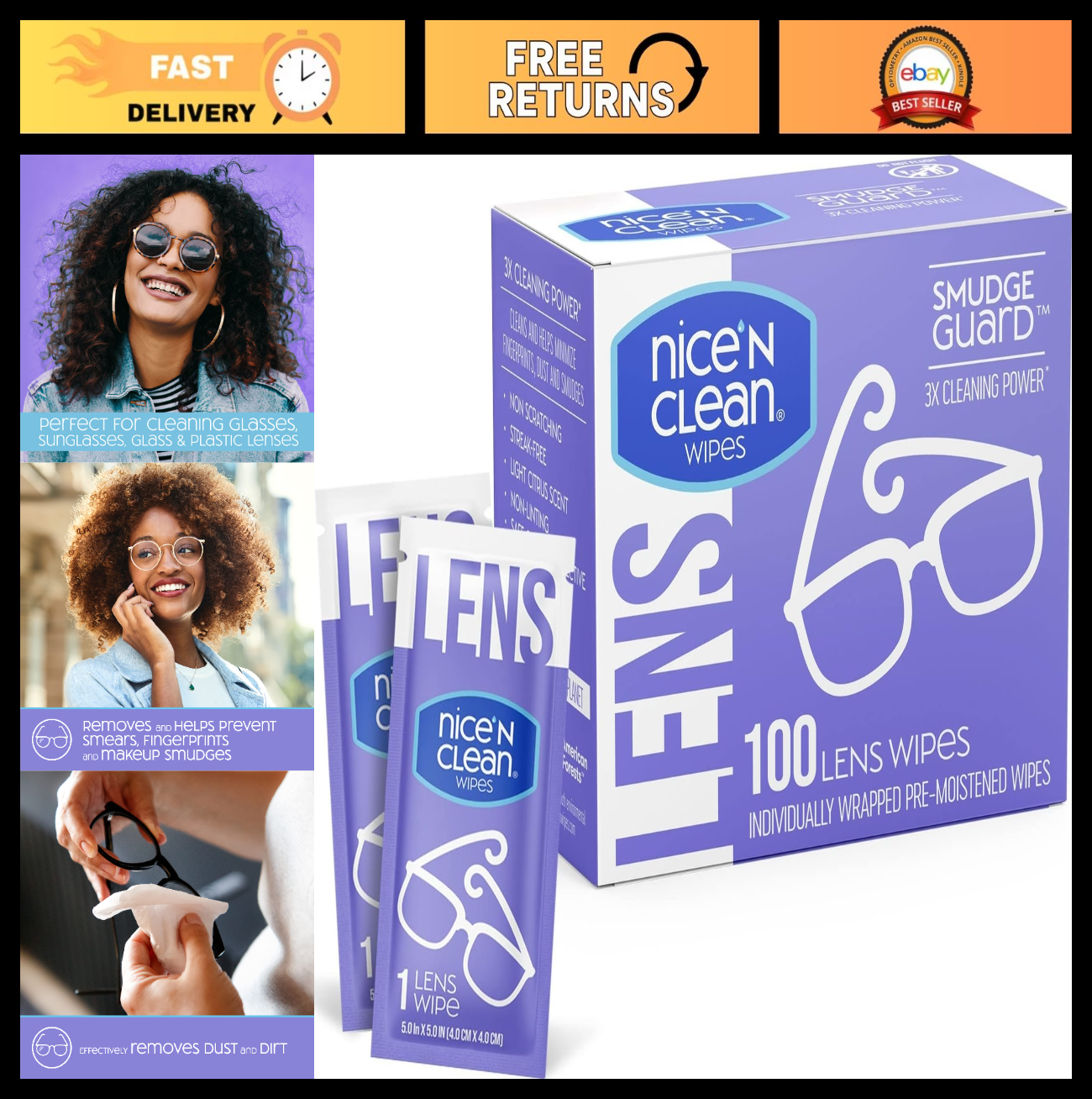 100 Pre-Moistened Lens Cleaning Wipes | Non-Scratching, Streak-Free | Safe for G0
