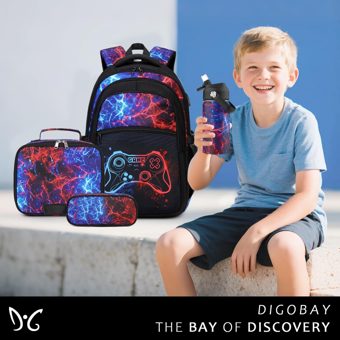 Cool Luminous Gamer Backpack Set for Boys, 6PCS with Insulated Water Bottle & Lu1