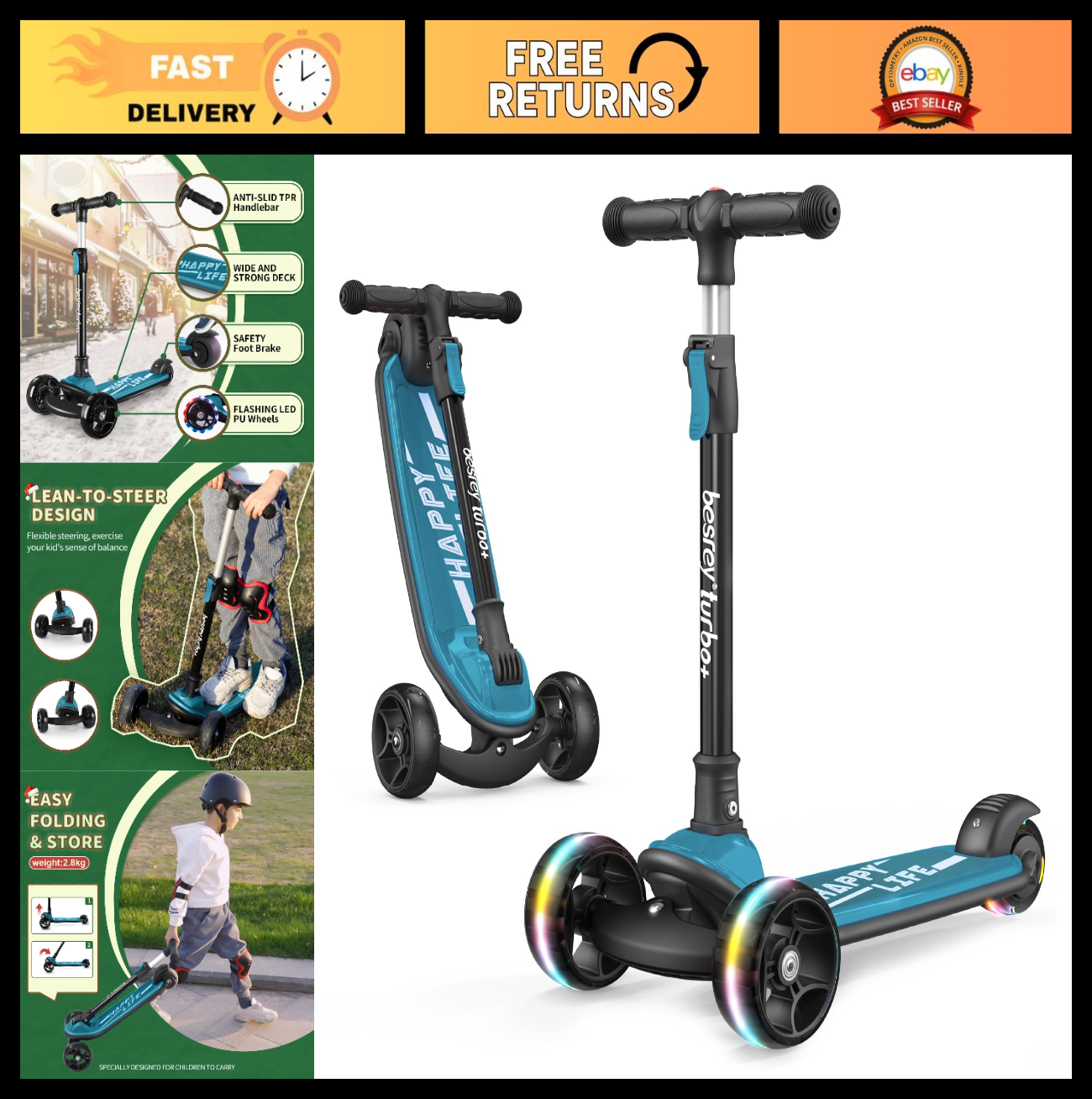 3-Wheel Kids Scooter Ages 3-10, Adjustable Height, Safe & Durable Design0