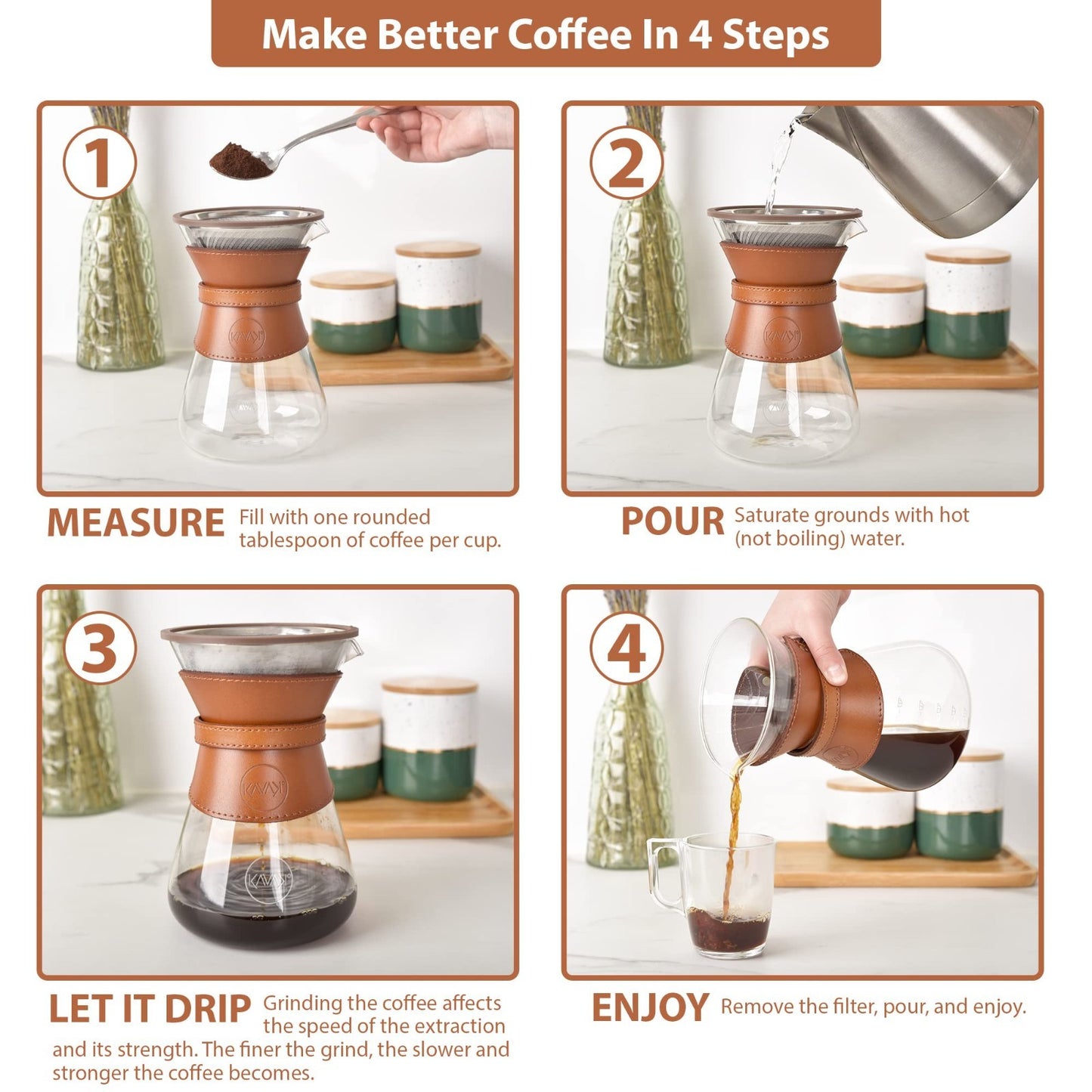 Pour Over Coffee Maker Set - Double-Layer Stainless Steel Filter, Borosilicate G5