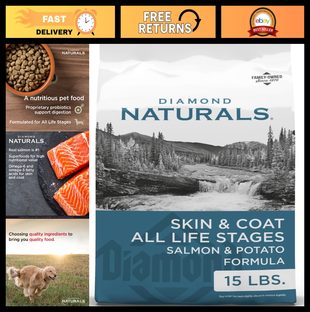 Premium Salmon Dry Dog Food for Puppies, Adults & Seniors   15lb Skin & Coat For0