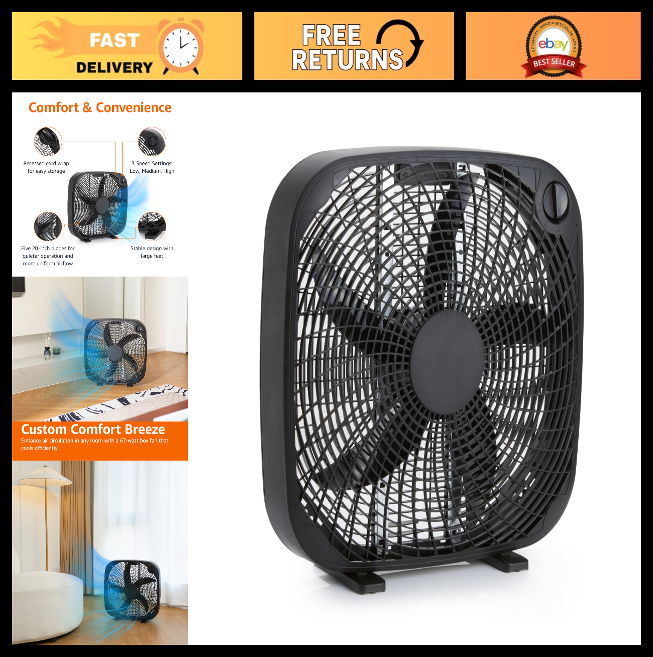 3 Speed Portable Box Fan with Carry Handle, Powerful Airflow, 20 Inch, Lightweig0