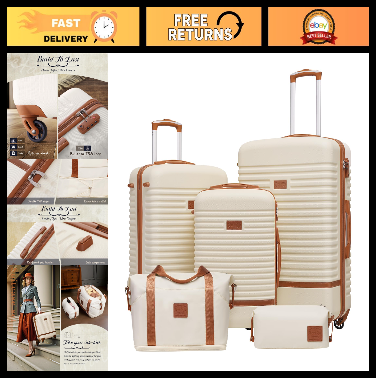 5-Piece White Luggage Set - Carry-On Suitcase with 360° Spinner Wheels, Trolley0