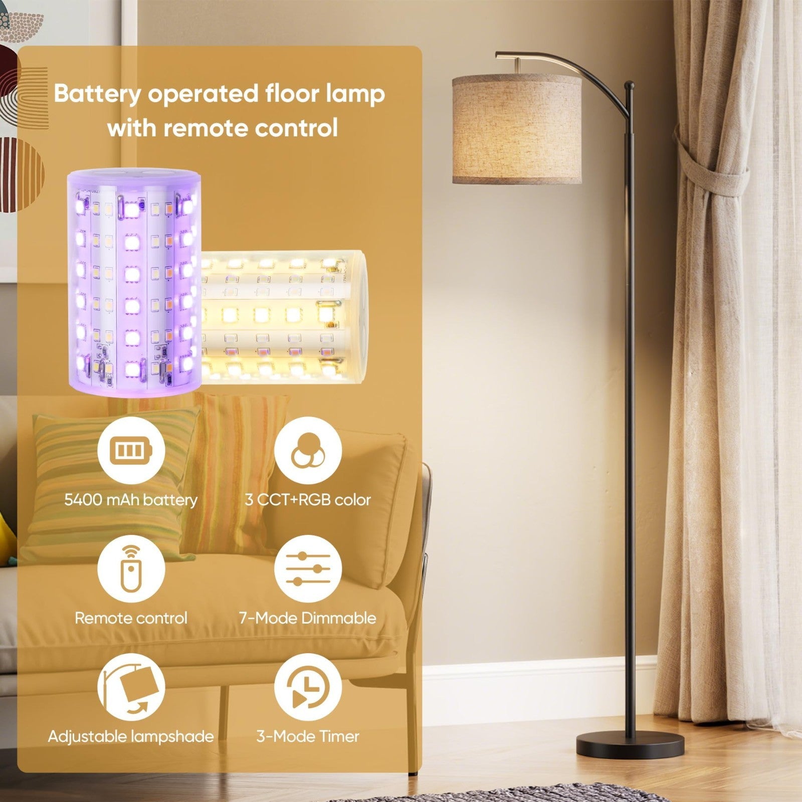 Dimmable RGB Battery Operated Floor Lamp with Remote Control   Cordless Tall Lam2
