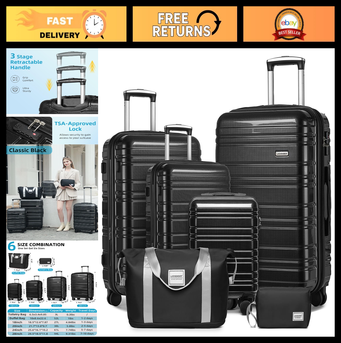 Expandable 6-Piece Luggage Set - Lightweight Hardshell Suitcases with TSA Lock,0