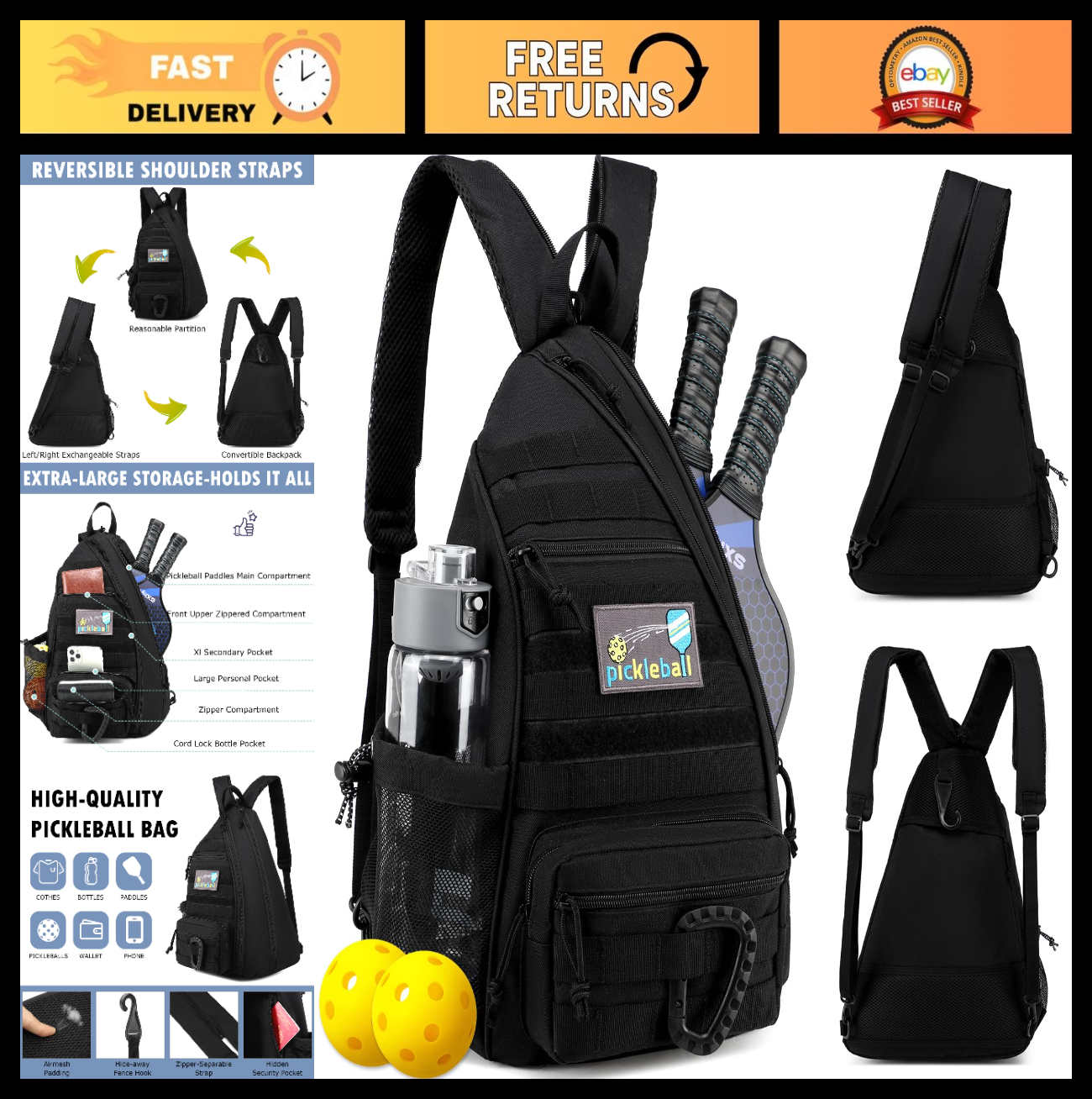Tactical Pickleball Backpack for Men & Women | Adjustable Sling Bag with Hook &0