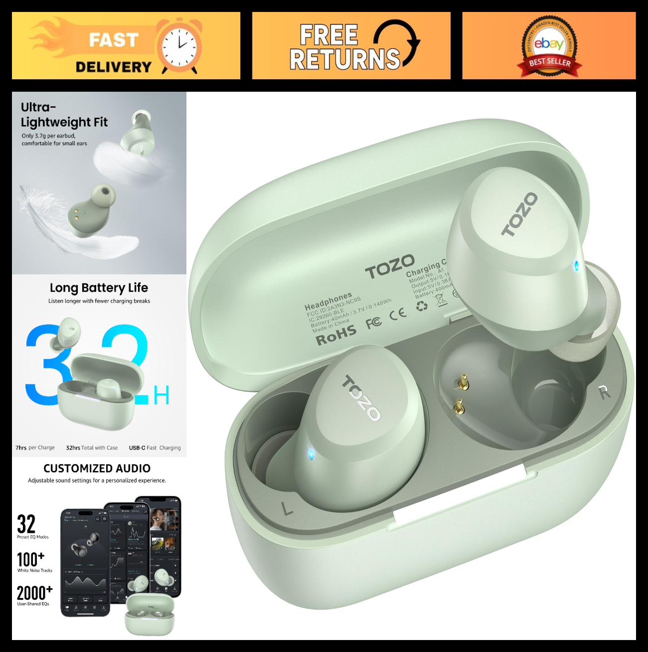 Wireless Earbuds Bluetooth 5.3, IPX5 Waterproof, AI Call Mics, Premium Sound, Ch0