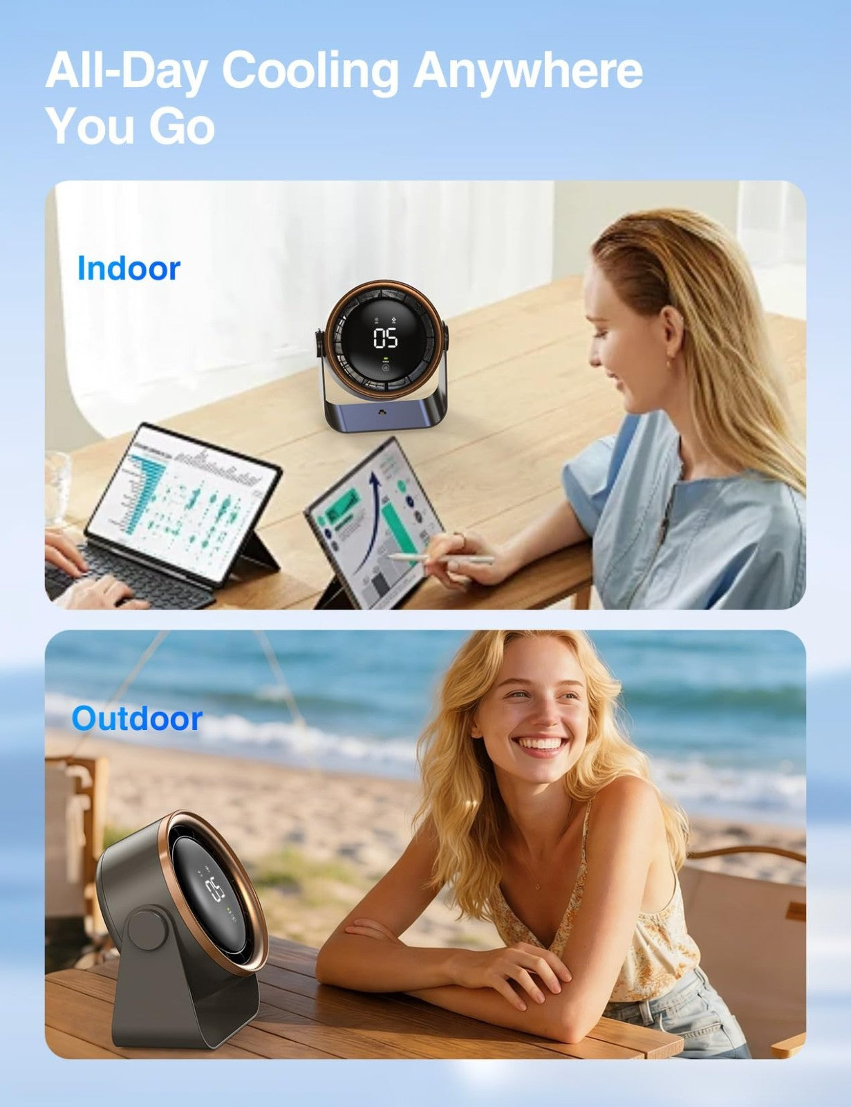 Ultra Quiet Small Desk Fan, Touch Control, Multi Speed Air Circulator, USB Recha7