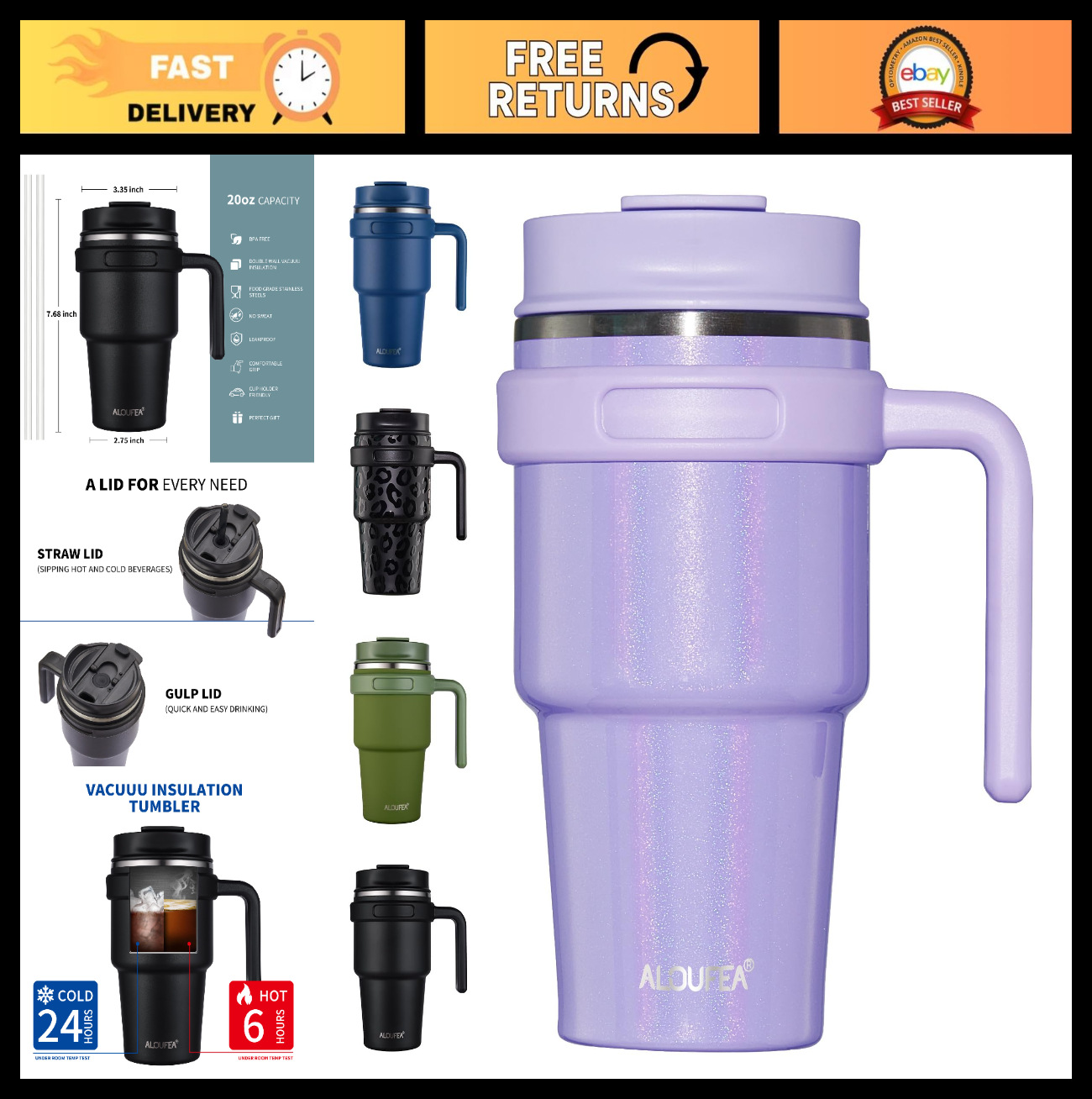 Insulated 20 oz Coffee Mug with Handle, Stainless Steel Travel Tumbler, Leak Pro0
