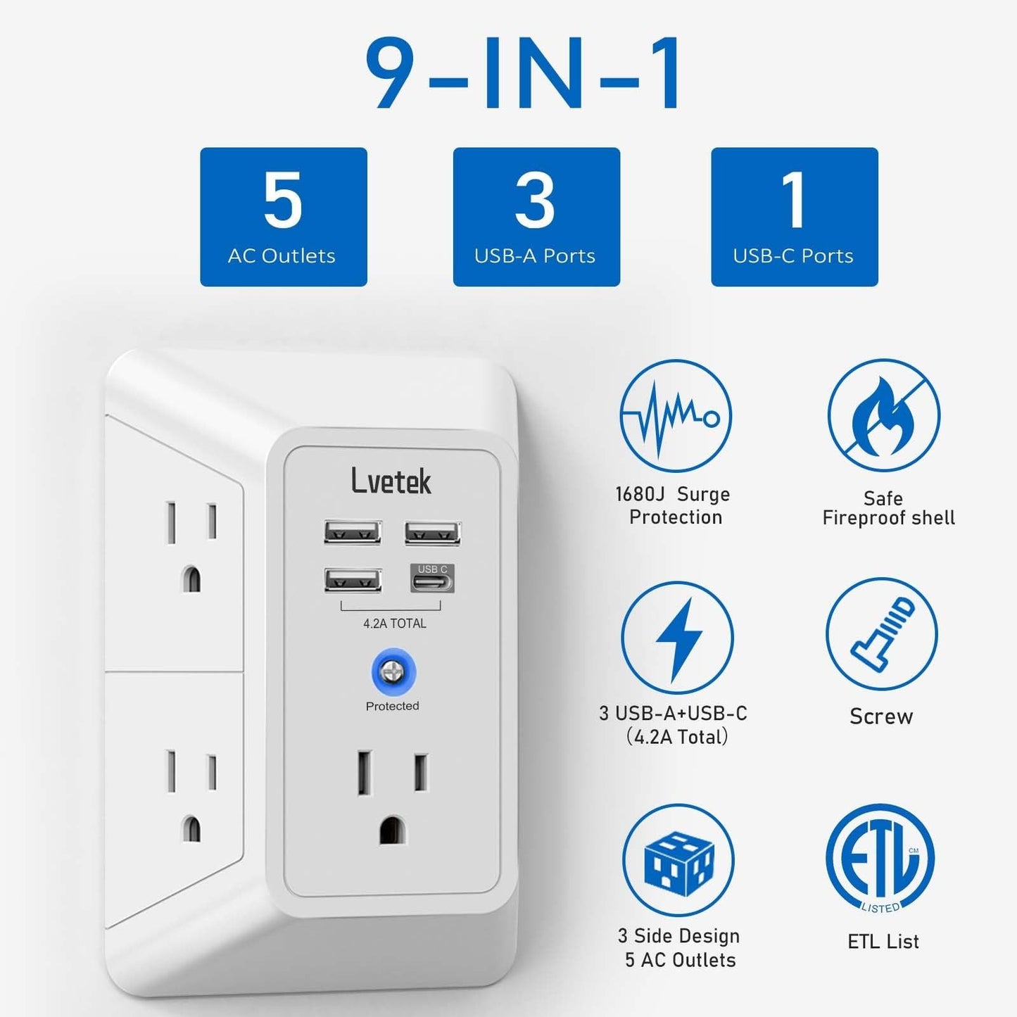 5-Outlet Wall Extender with 4 USB Ports & Surge Protection - Power Strip for Hom3
