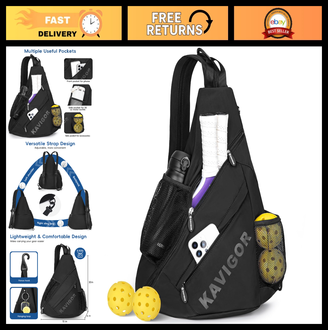 Ultra-Light Pickleball Sling Bag, Convertible Backpack with Wet/Dry Pocket, Fits0