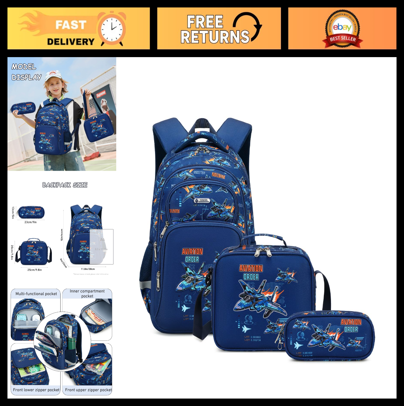Fighter Pattern Kids Backpack with Lunch Box for Boys Ages 5 10, 16in Book Bag0