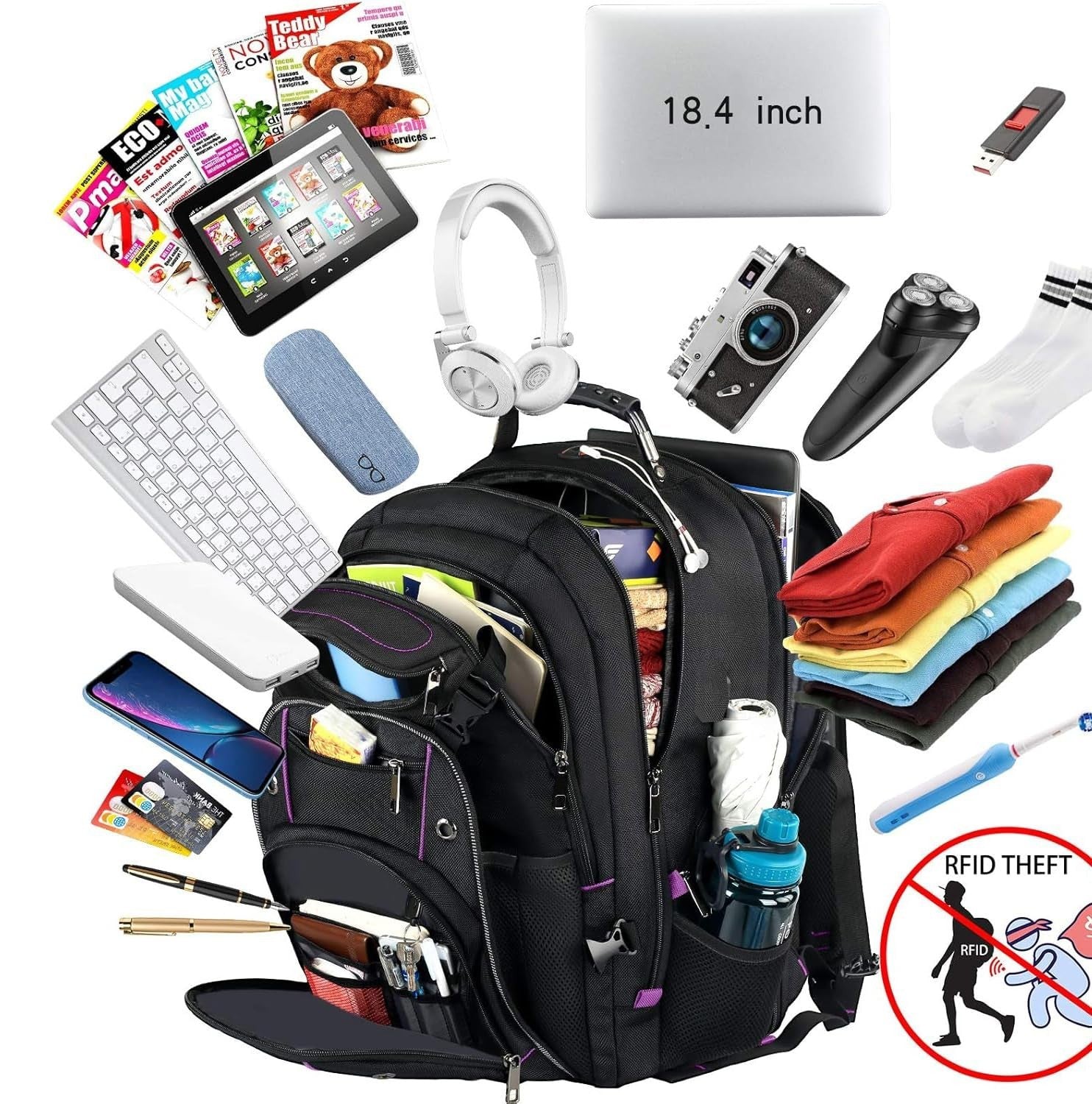 Unisex 18.4" Laptop Backpack, Purple RFID, College & Adult Use, Durable & Stylis3