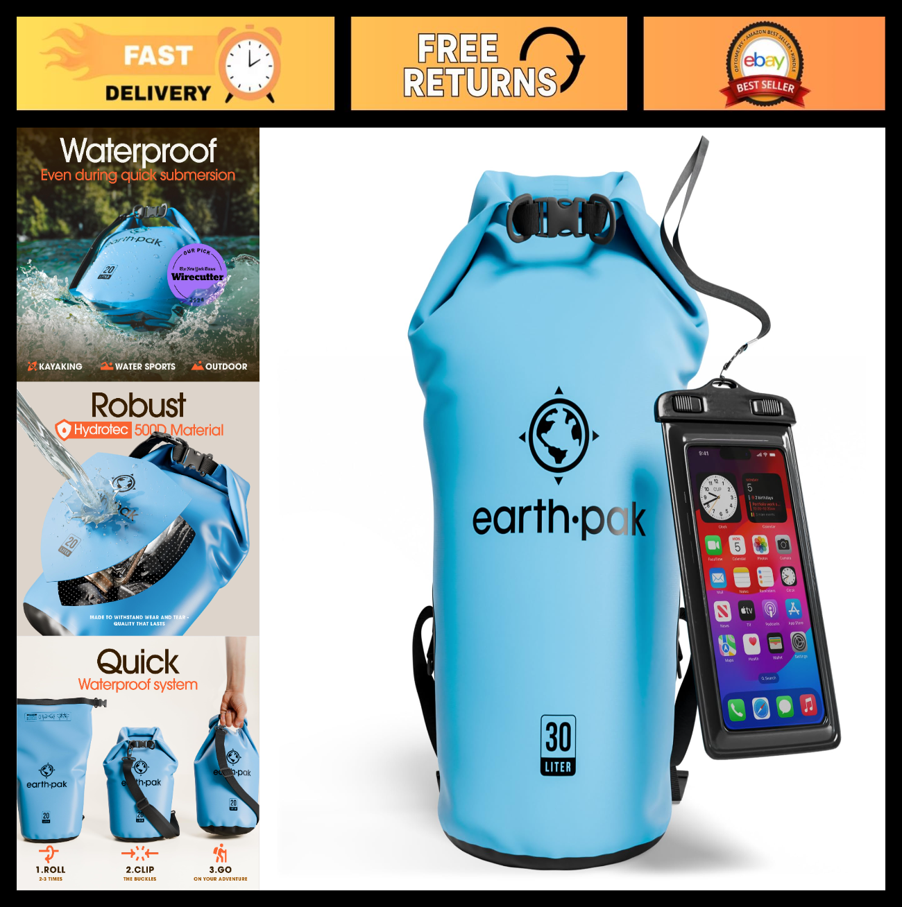 Waterproof Dry Bag Backpack   Roll Top Sack for Kayaking & Outdoor Gear + Phone0