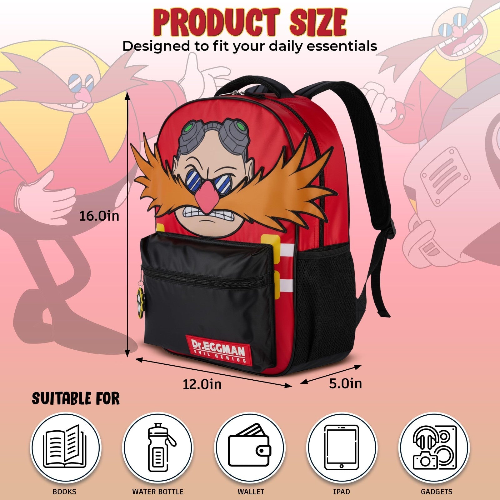 Sonic The Hedgehog Backpack 16" Schoolbag for Kids, Dr. Eggman Face & Dangle Toy2
