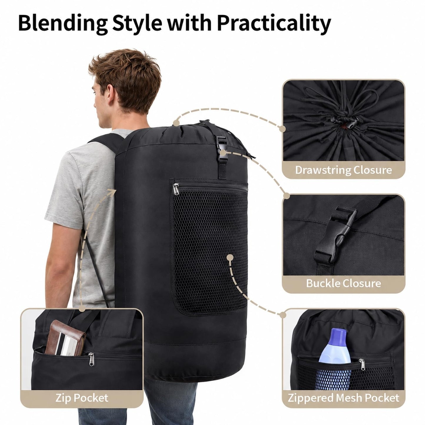 115L Laundry Backpack Bag - Heavy-Duty, Wide Straps, Mesh Pocket, Drawstring - D6