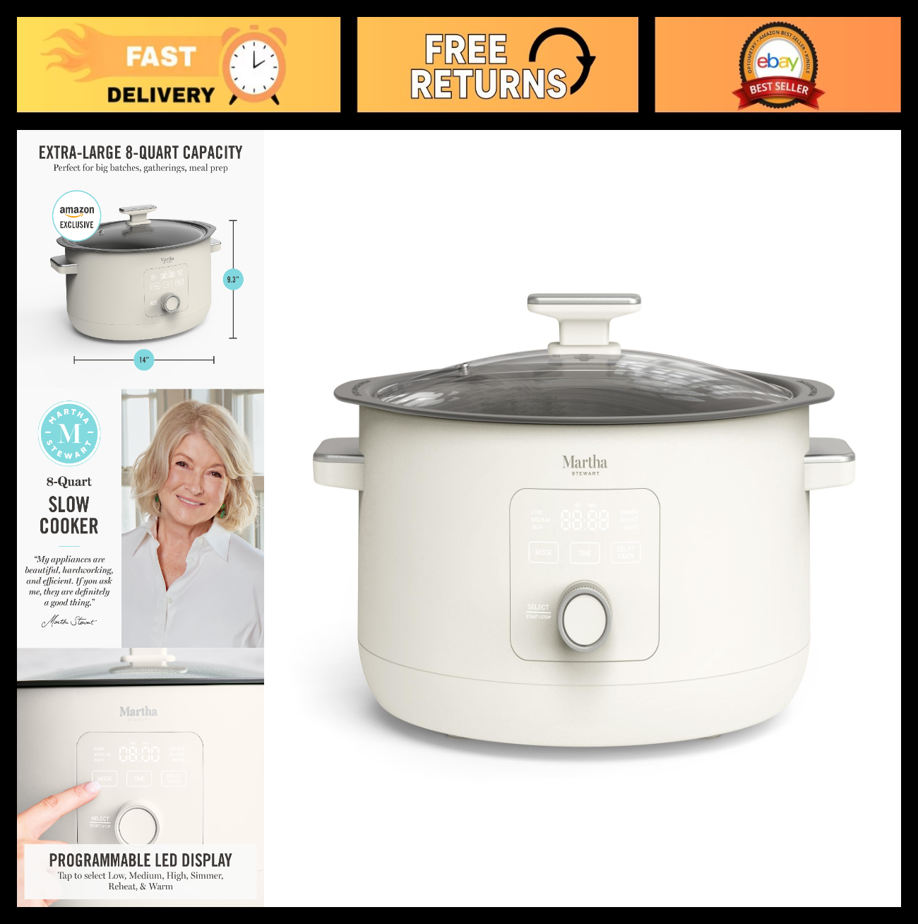 8 QT Programmable Slow Cooker with Timer, Nonstick Ceramic Crock, 3 Heat Setting0