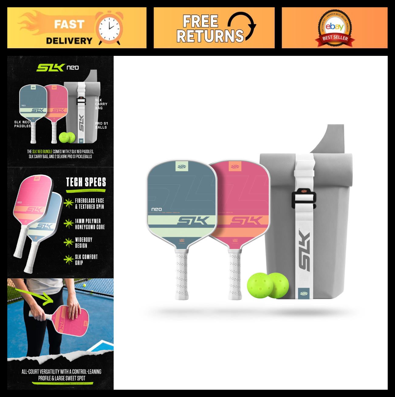 Set of 2 Pickleball Paddles with Balls & Sling Bag | Graphite/Fiberglass Rackets0