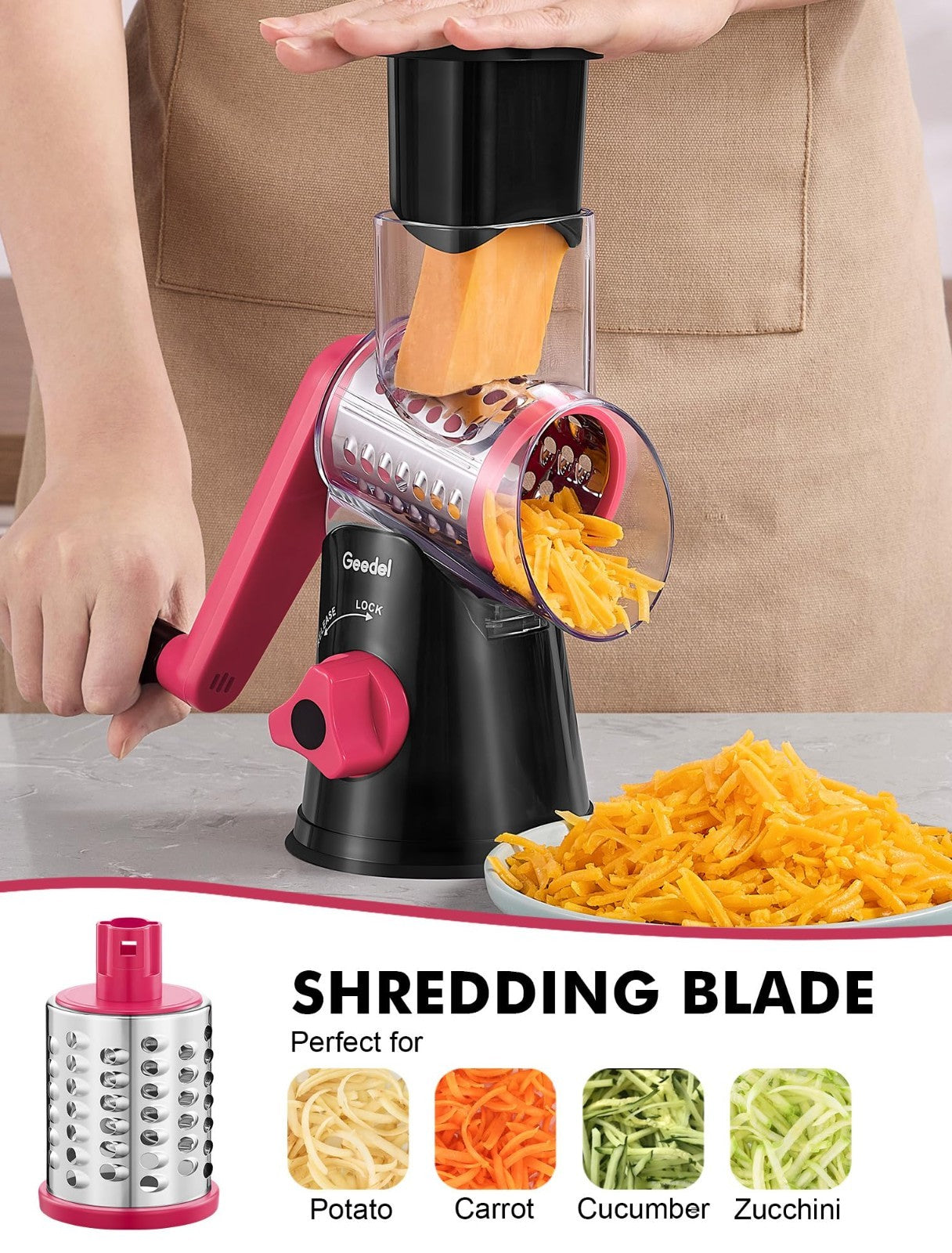 Hand Crank Rotary Cheese Grater & Vegetable Slicer   3 Blades, Stainless Steel,5