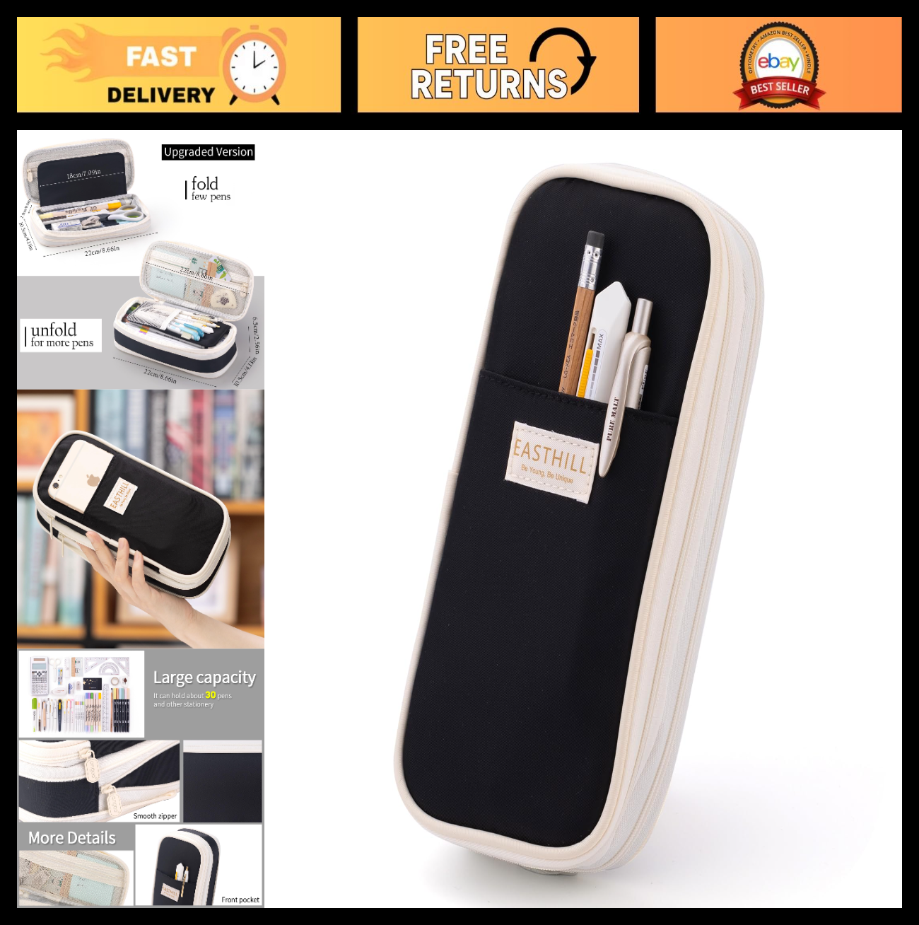 Large Capacity Pencil Case   Stylish Pen Pouch for School & Office Supplies   Bl0
