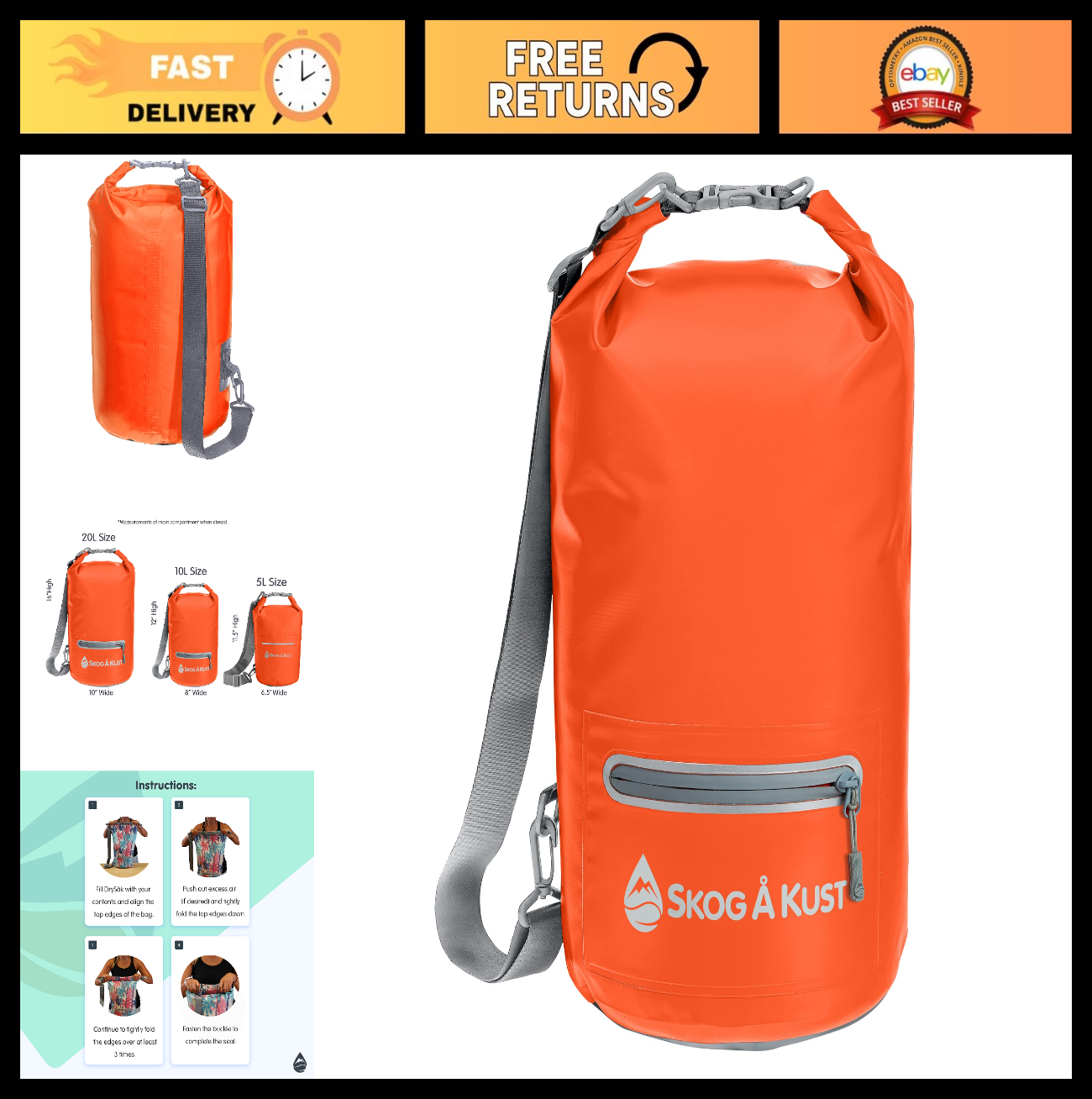 Waterproof Roll Top Dry Bag - 5L, 10L, 20L for Boating, Hiking, Camping Gear0