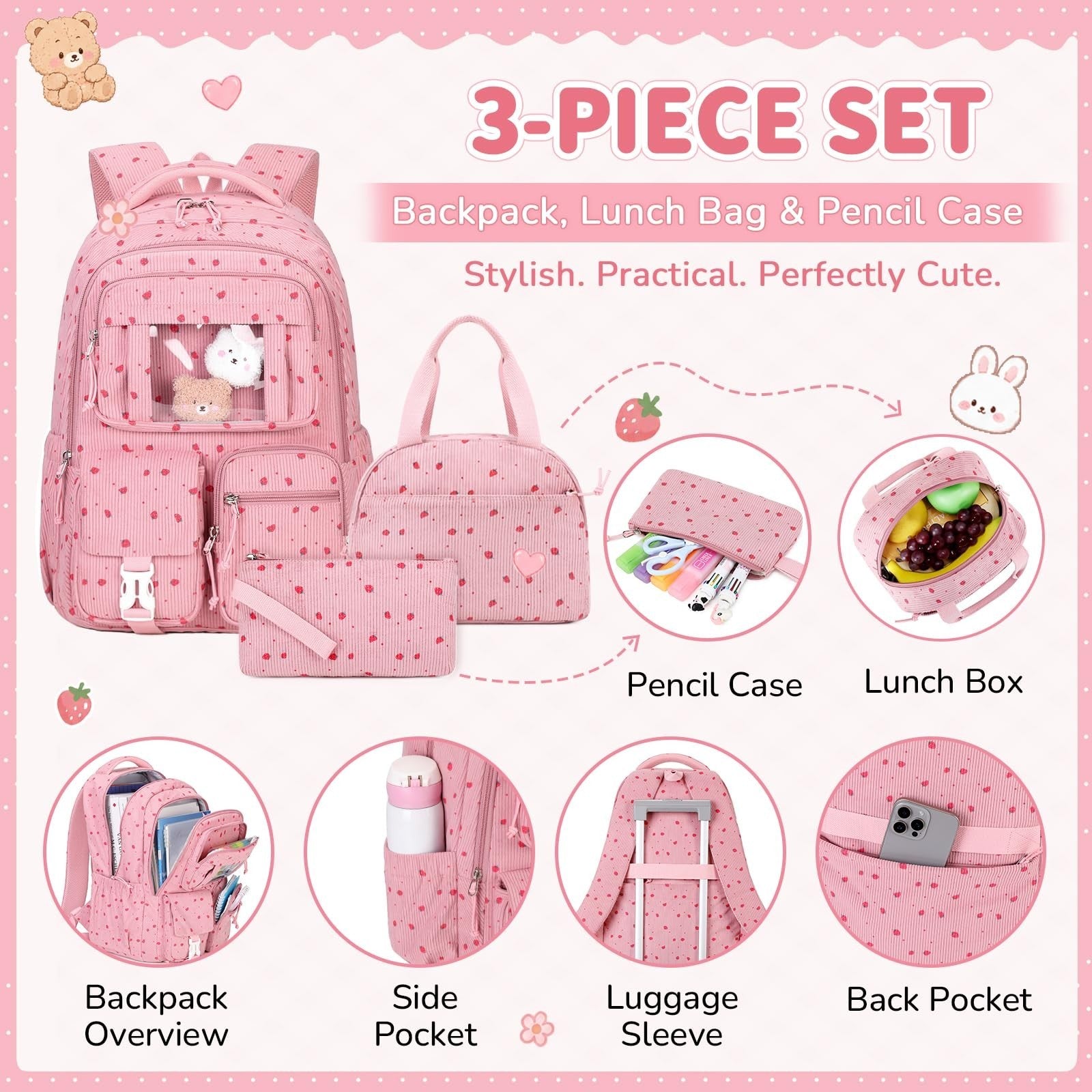 Cute Kawaii Corduroy Backpack Set for Girls - 3PCS School Bag, Lunch Box & Penci3