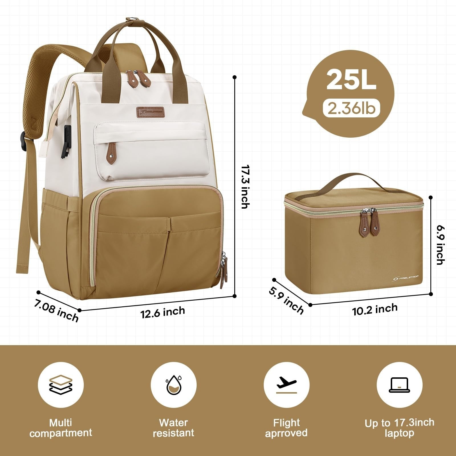 Travel Backpack for Men & Women, Fits 15.6-17.3" Laptop, Insulated Lunch Bag, Kh2