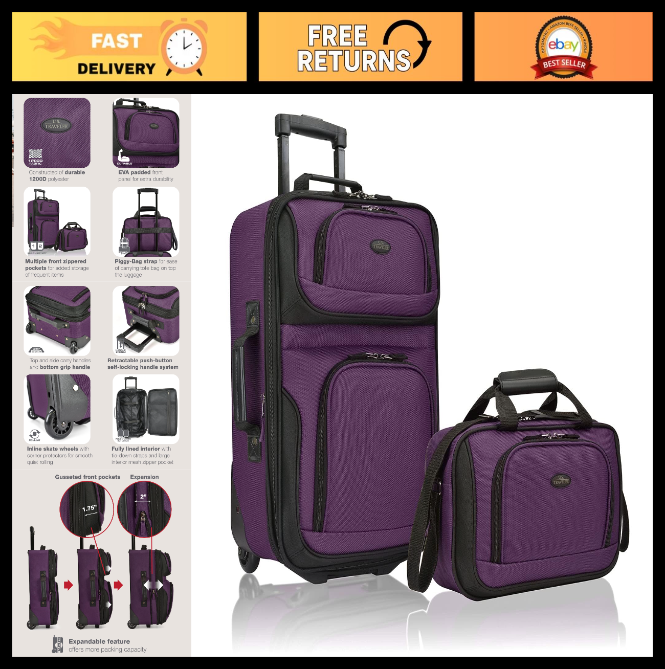 Lightweight Softside Rolling Carry-on Suitcase, 2-Wheel Travel Luggage Set, Purp0