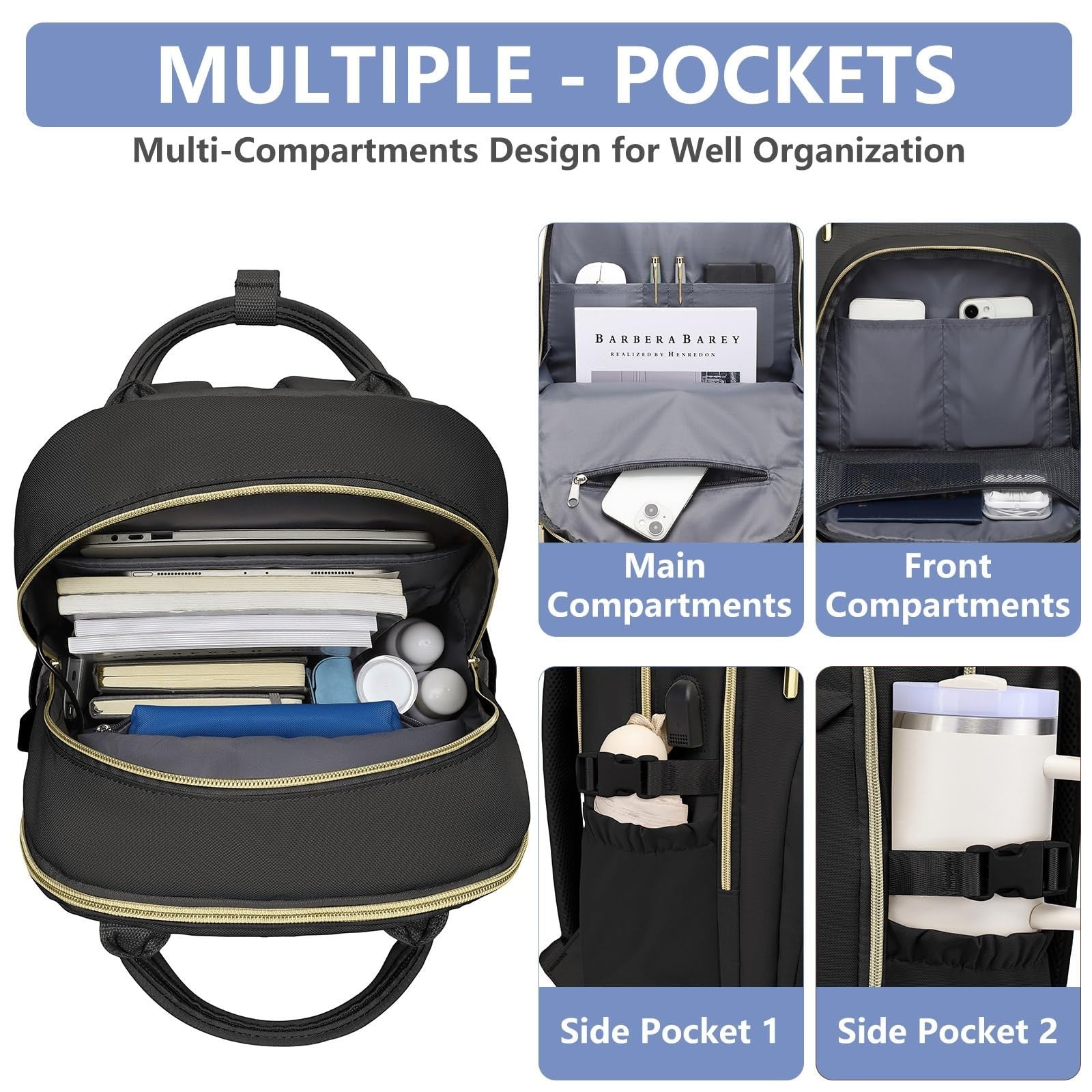 Stylish Laptop Backpack for Women   15.6" College Bookbag with Large Tumbler Poc3