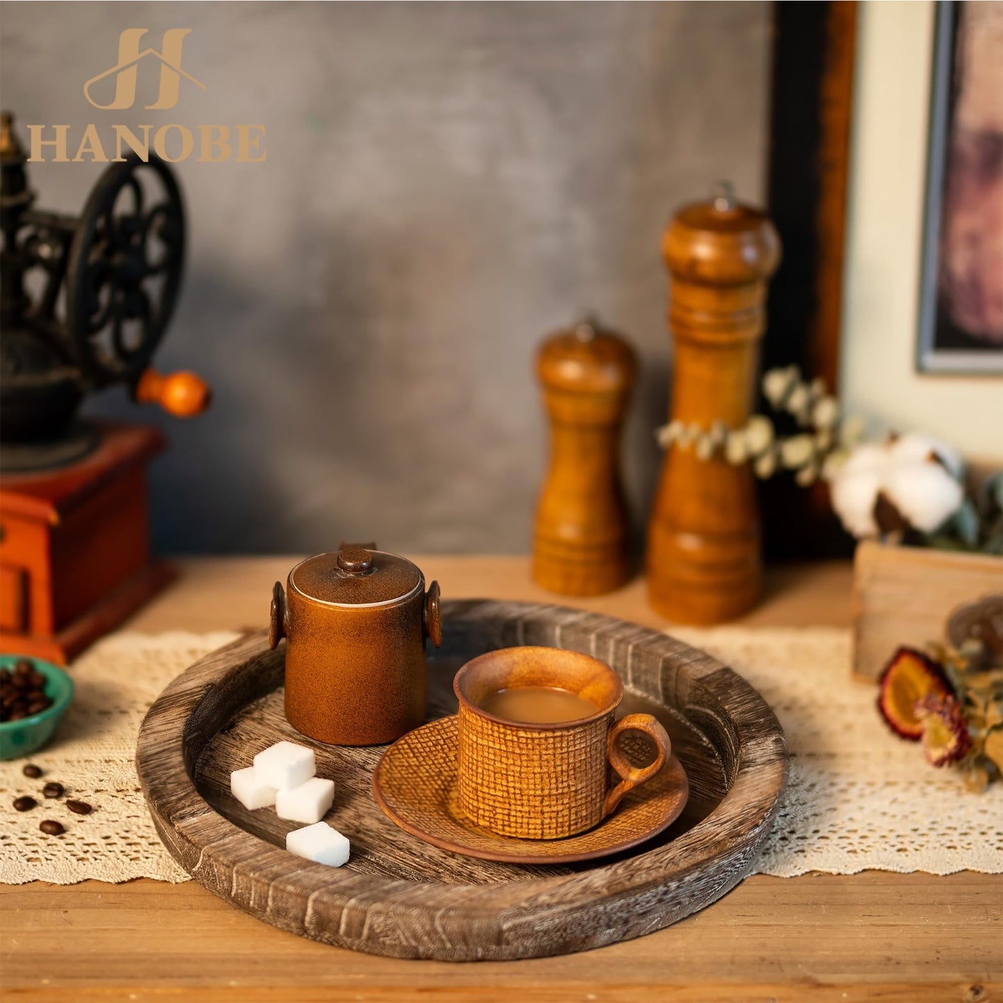 Rustic Wooden Coffee Table Tray - Round Decorative Serving Plate & Candle Holder6