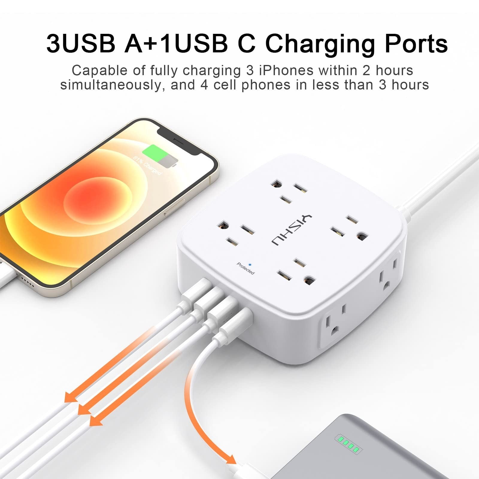 10ft Surge Protector Power Strip   8 AC Outlets & 4 USB Ports, Flat Plug, Wall M3