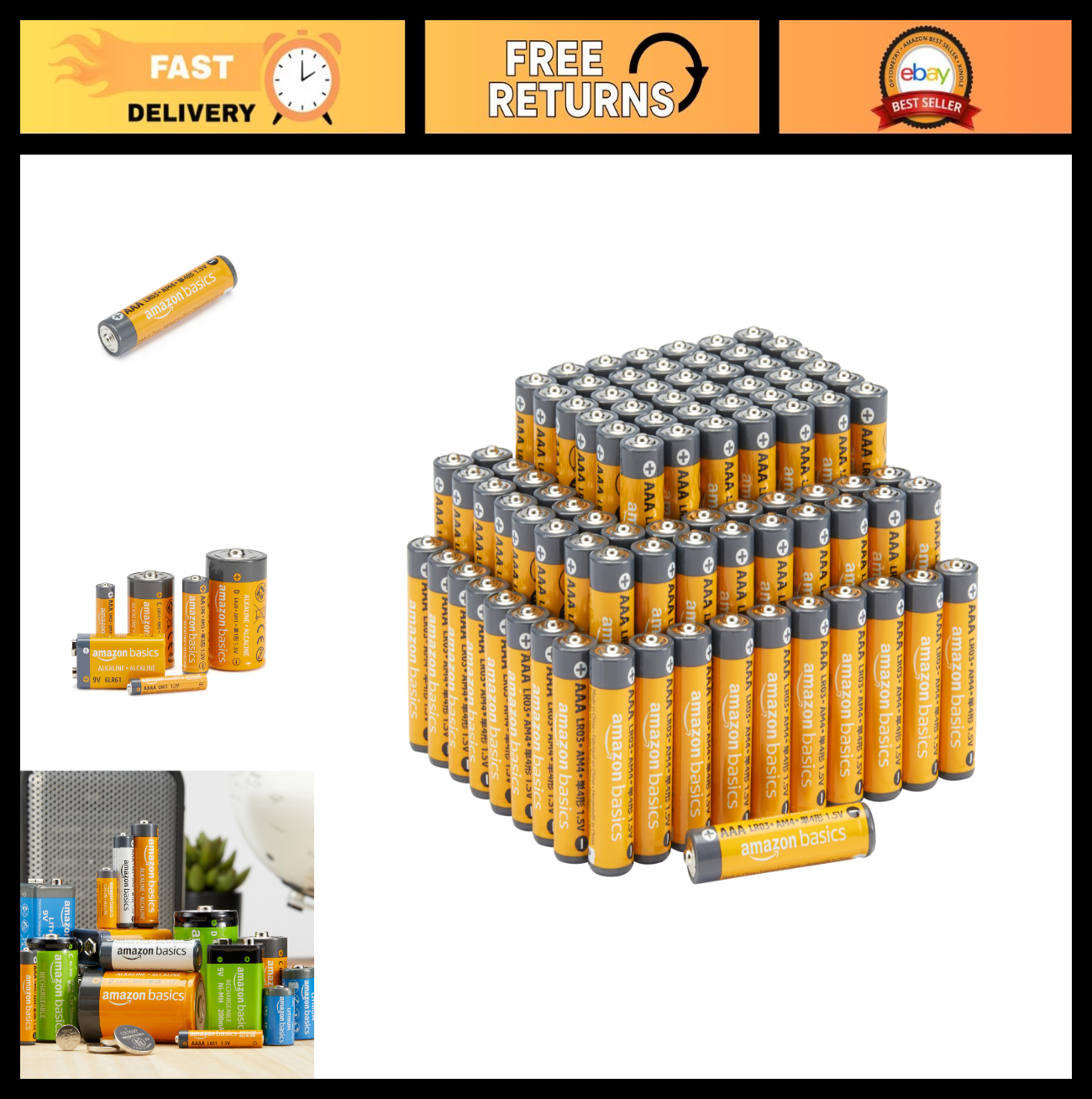 Long Lasting AAA Alkaline Batteries 100 Count, 1.5V, 10 Year Shelf Life, Reliabl0