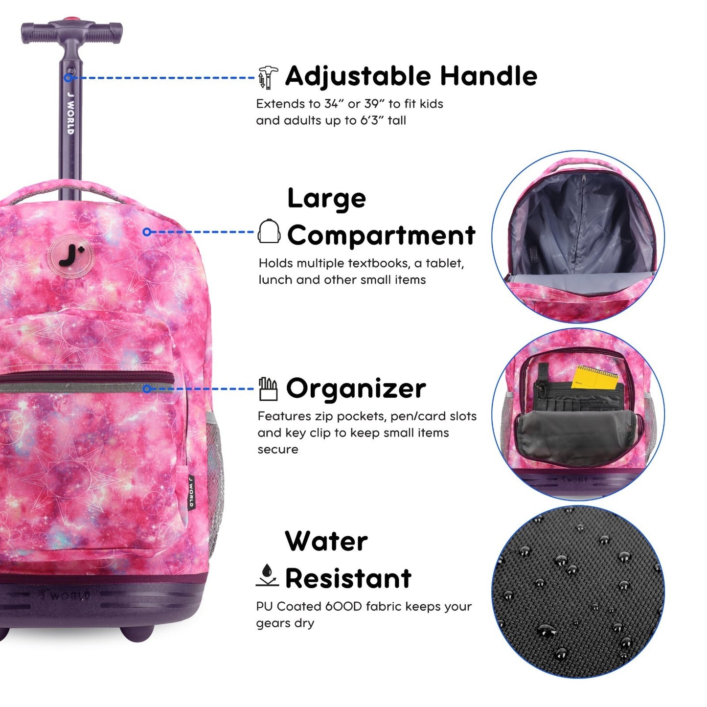 Kids Rolling Backpack with Wheels, 18" School Bookbag for Girls & Boys, Purple G4