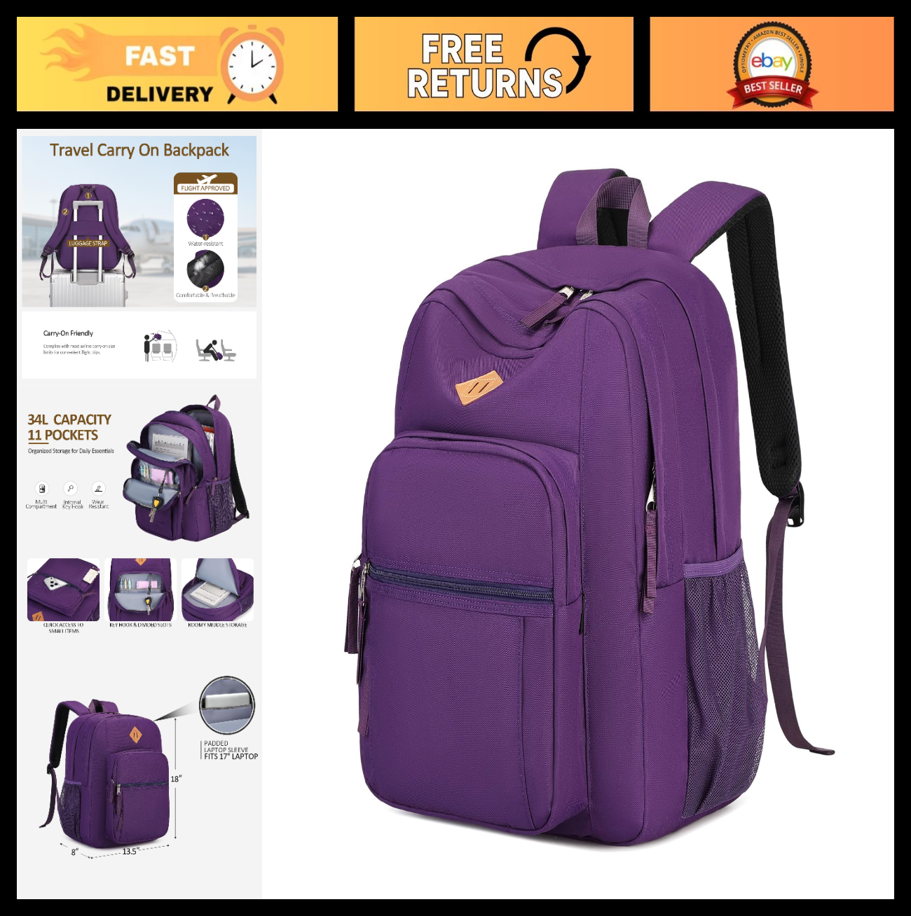 Large Water Resistant Girls Backpack   Solid Color School Bag for College Women0