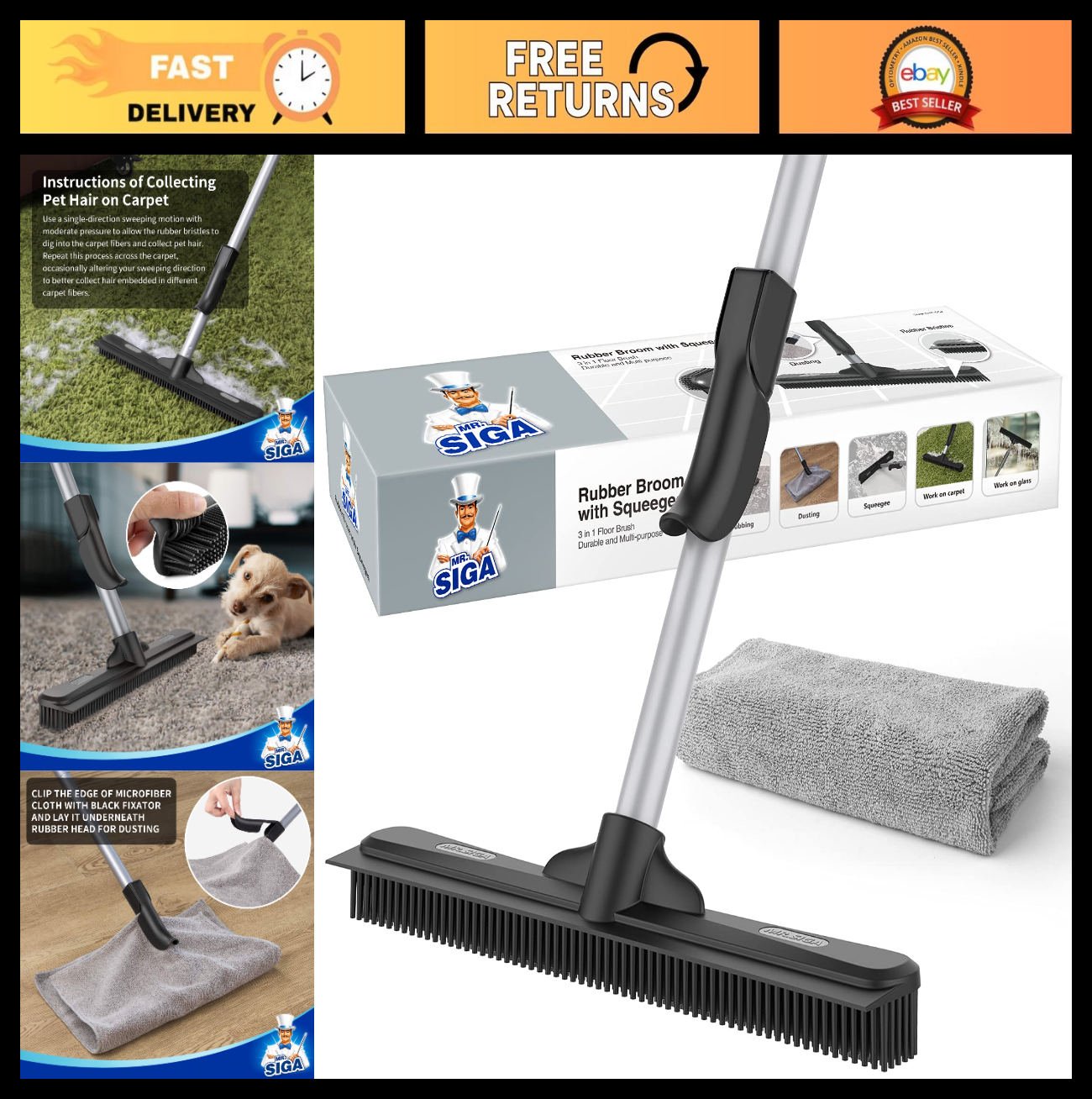 Pet Hair Removal Rubber Broom with Built-in Squeegee for Easy Cleaning0