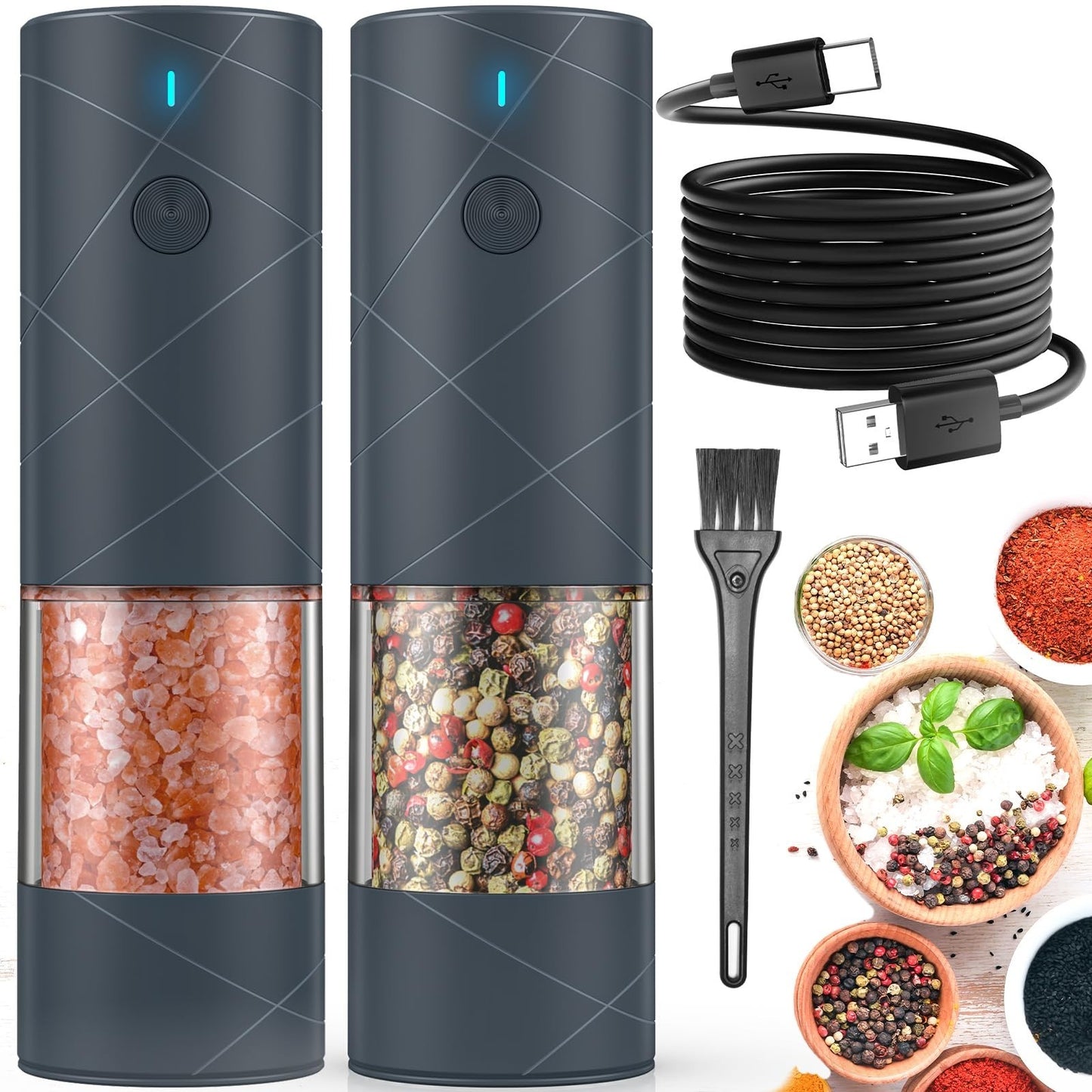 2 Pack USB Rechargeable Electric Salt & Pepper Grinders with LED Light, Adjustab1