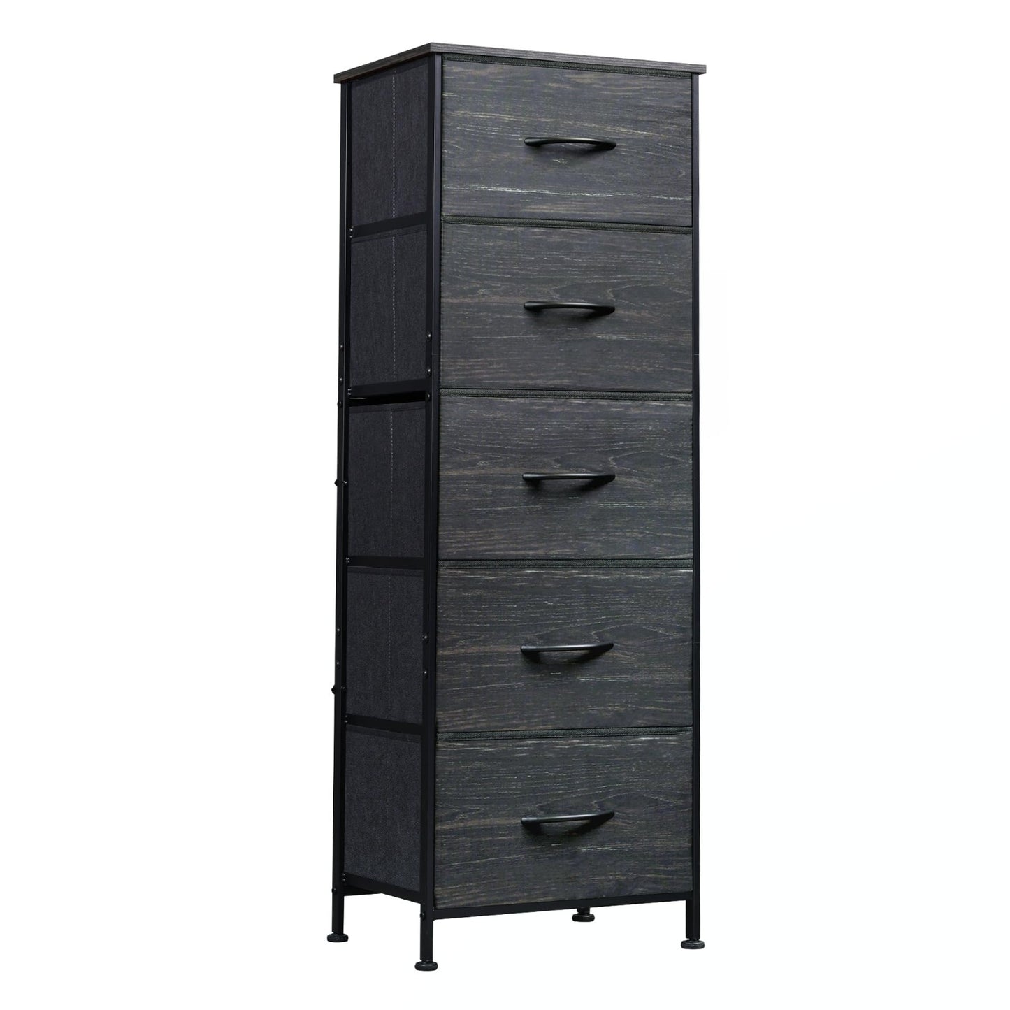 5-Drawer Tall Dresser Chest, Vertical Fabric Drawers, Black Wood Grain, Space-Sa1