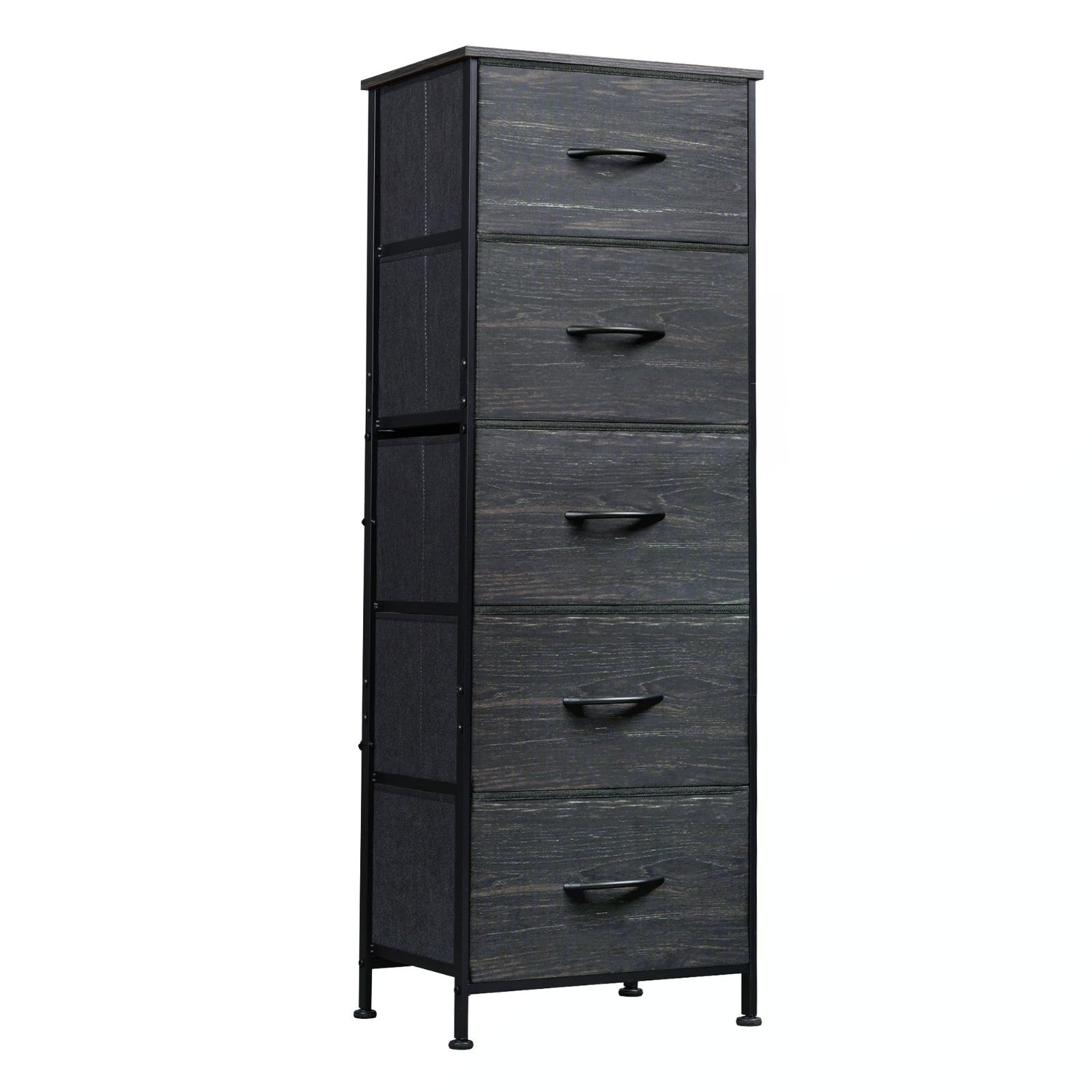5-Drawer Tall Dresser Chest, Vertical Fabric Drawers, Black Wood Grain, Space-Sa1