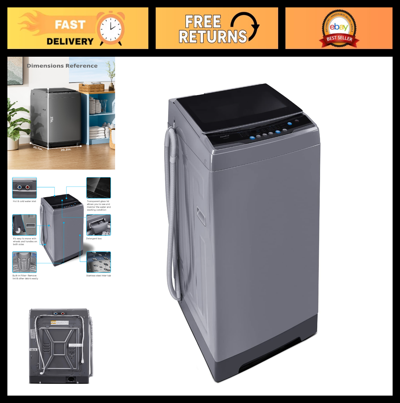 Portable 1.6 Cu.ft Compact Washing Machine, 11lbs Capacity, Fully Automatic, 6 W0