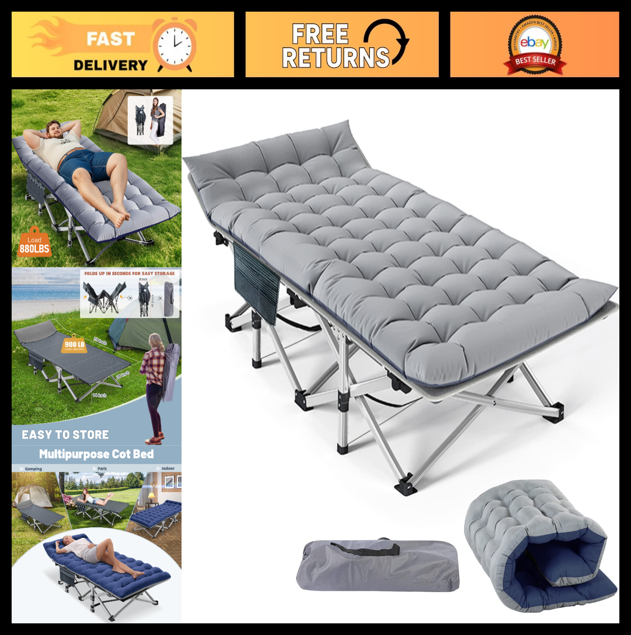 Folding Camping Cot for Adults, 28" Wide, 880 lbs Capacity, Padded & Portable wi0