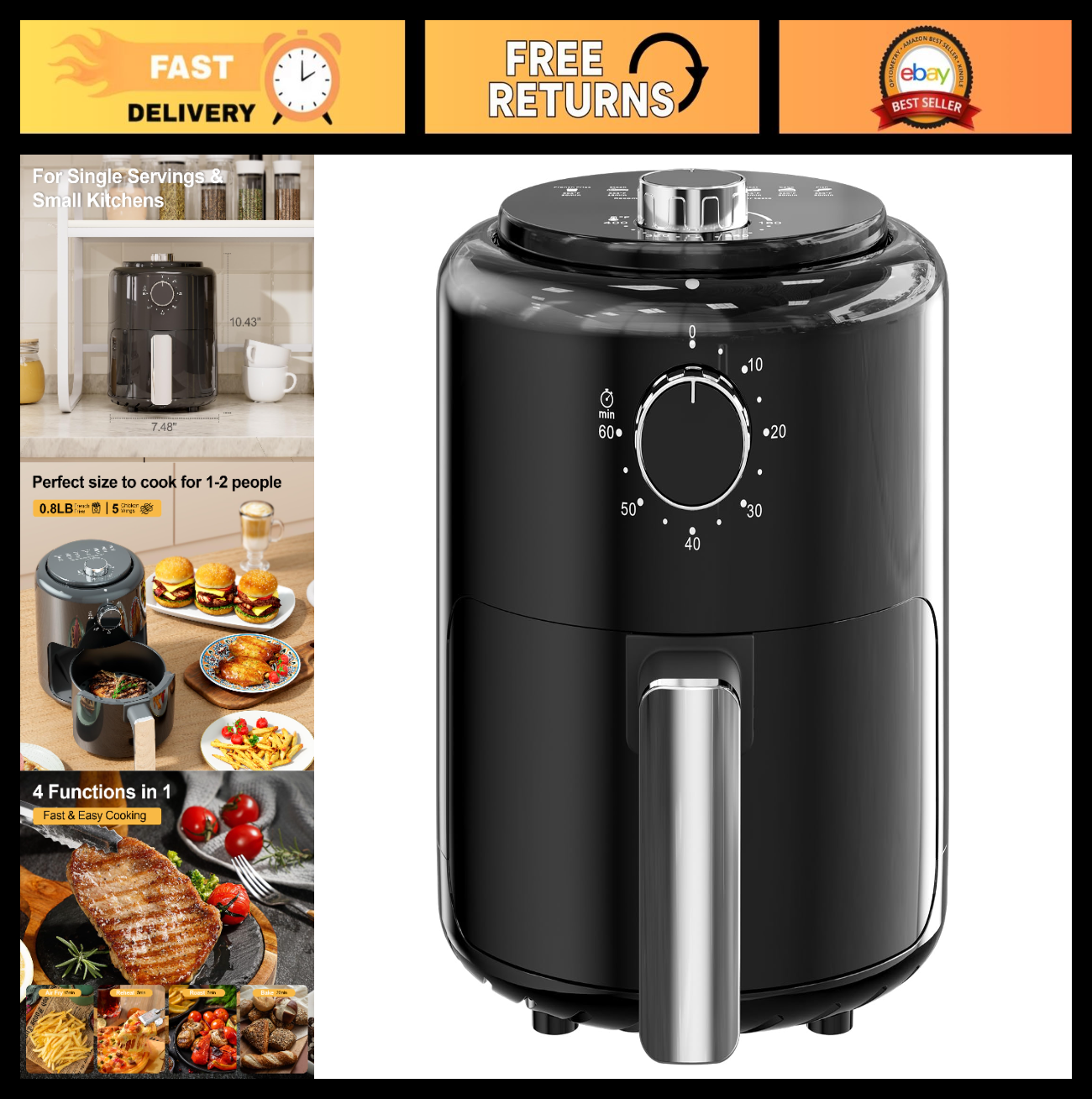 Compact 2QT Air Fryer - 4-in-1 Mini Cooker, Bake, Roast, Reheat, 98% Less Oil, T0