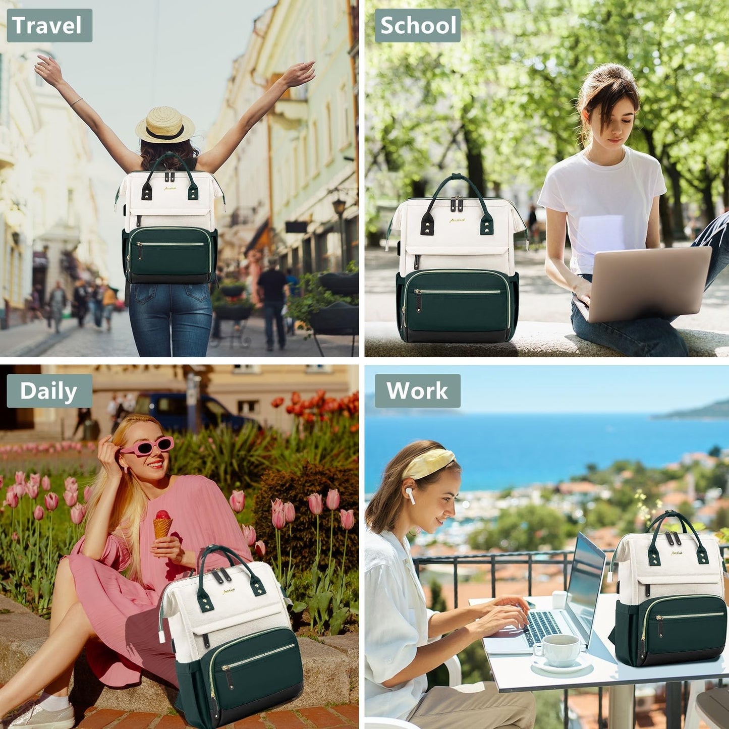 15.6" Laptop Backpack for Women   USB Charging, Large Travel Work Bag, Casual Da5