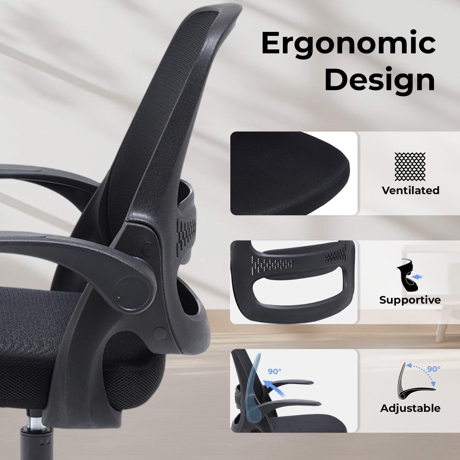Ergonomic Mesh Office Chair with Flip Up Arms, Breathable Back, 300 lbs Support,5