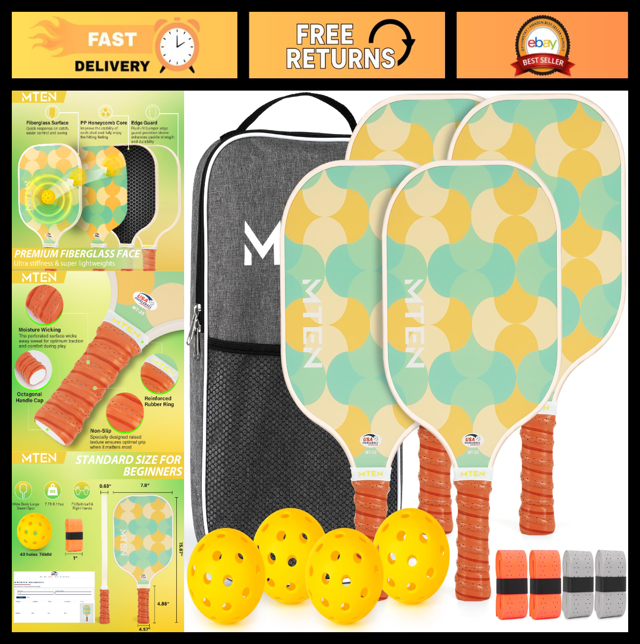 Pickleball Paddles Set of 2/4/1 - USAPA Approved Fiberglass Rackets, Lightweight0
