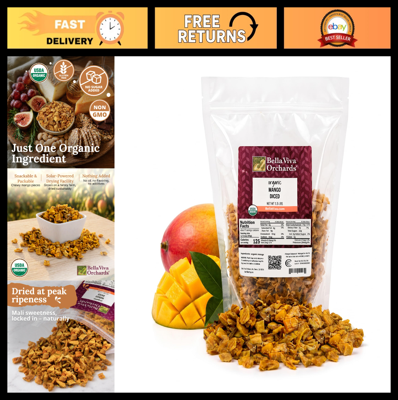Organic Dried Mango Chunks 1.5 lb - No Sugar Added, Sulfite-Free, Healthy Snack0