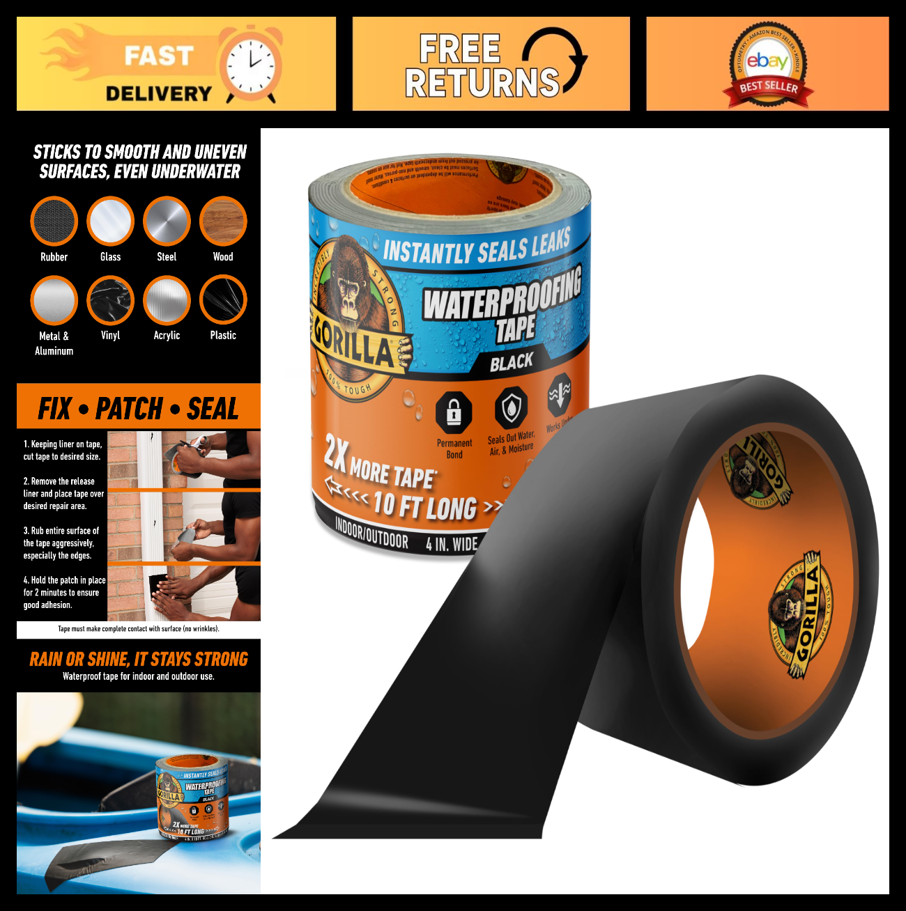 Waterproofing Tape 4" x 10' - Permanent Black Seal for Leaks, Weather Resistant,0