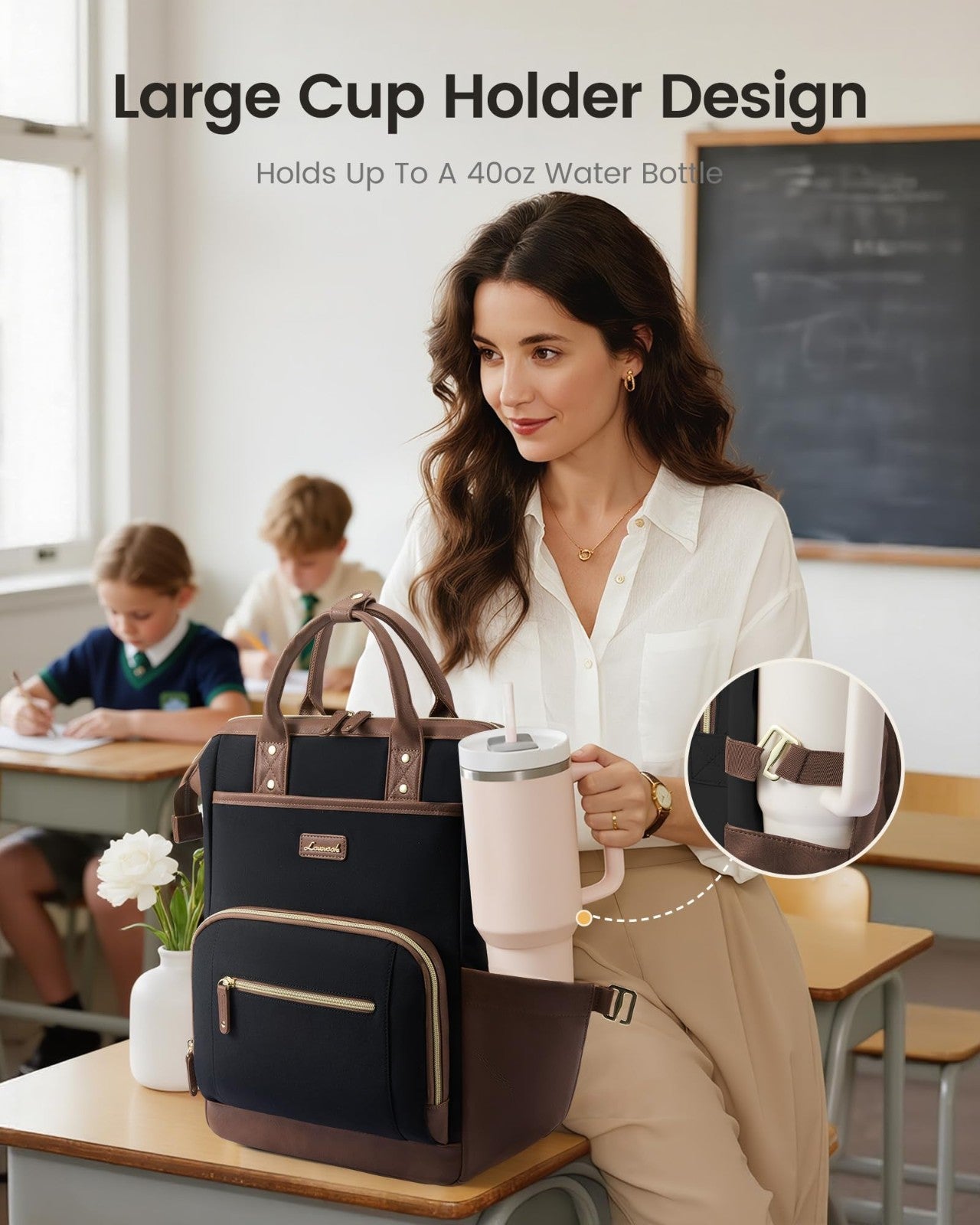 Stylish 15.6" Laptop Backpack for Women, Waterproof Travel Bag with Tumbler Hold2