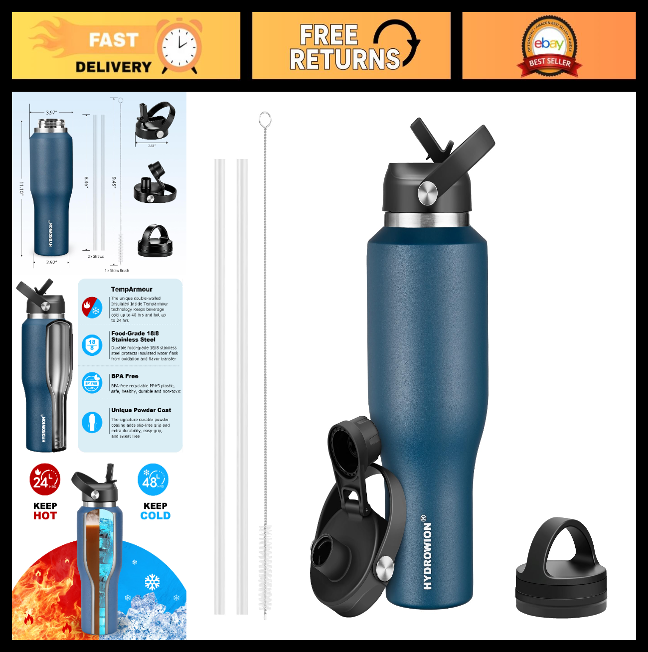 Insulated 40oz Water Bottle with Straw & Lid - Leakproof Travel Tumbler, Fits Ca0