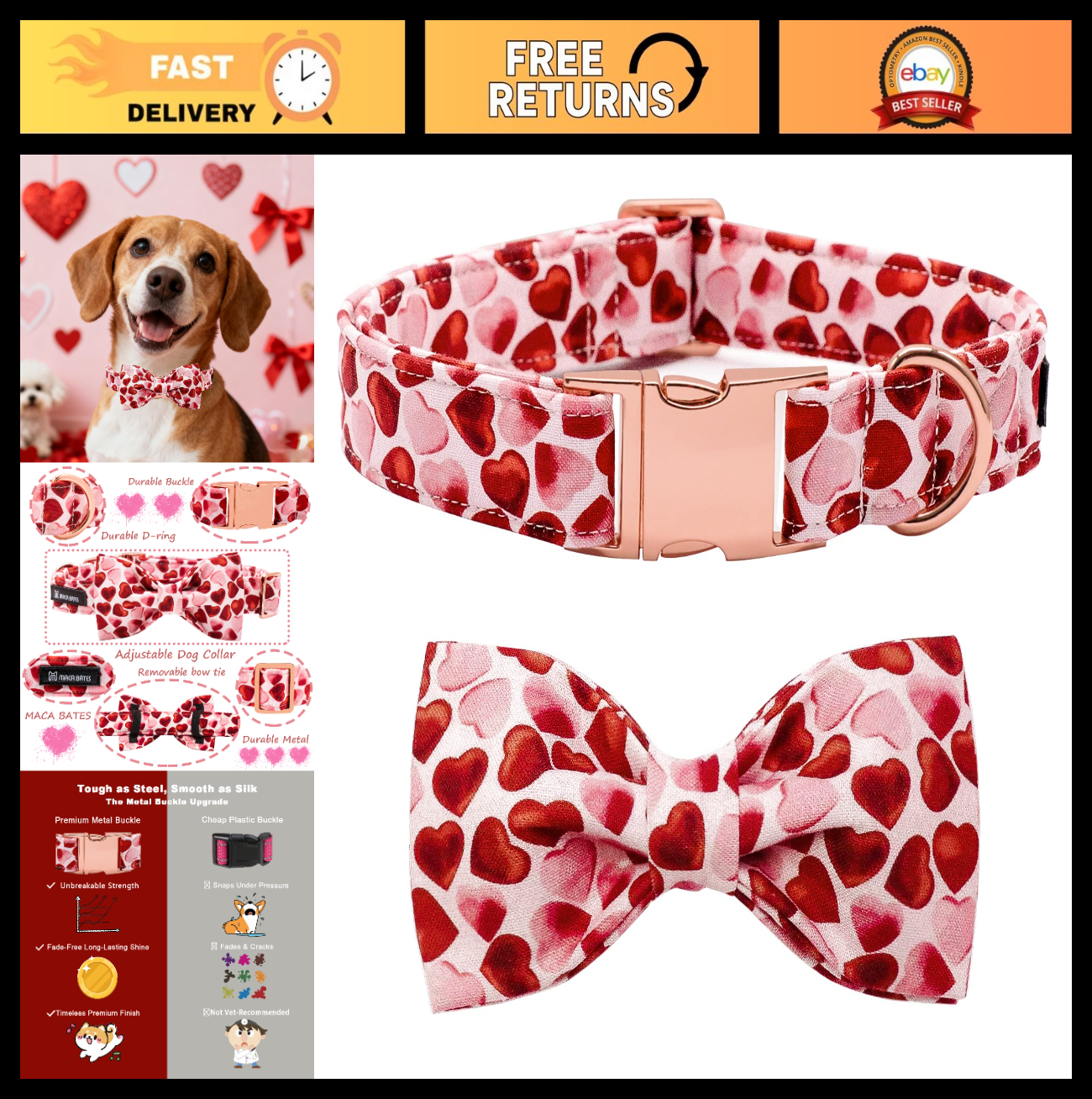 Valentine's Day Dog Collar with Bow - Adjustable Red Love Hearts for Small Dogs0