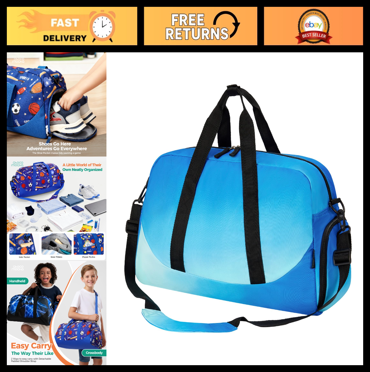 Kids Duffle Bag - Blue Overnight Travel Bag with Shoes Compartment, Large Gym We0
